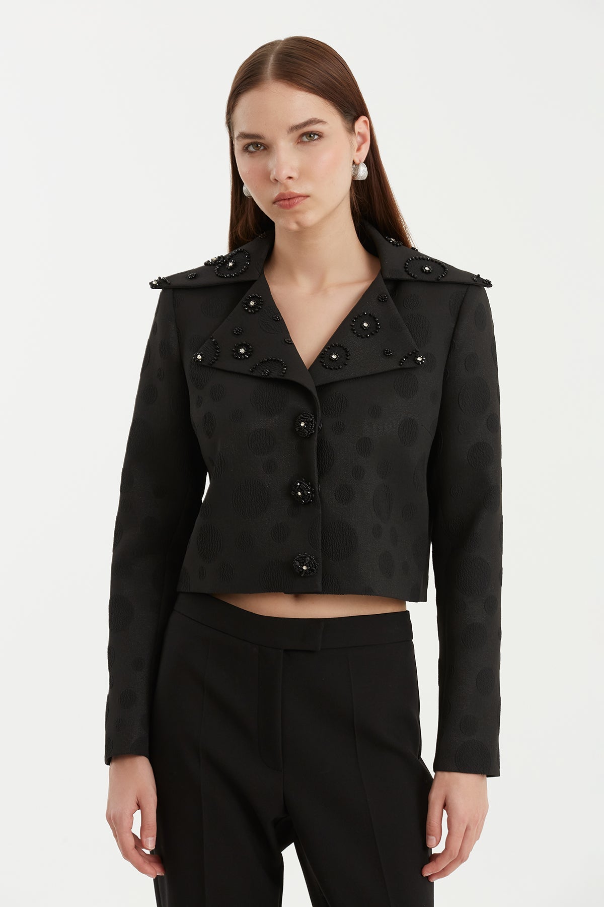 Black Shoulder-Padded Embroidered Jacket