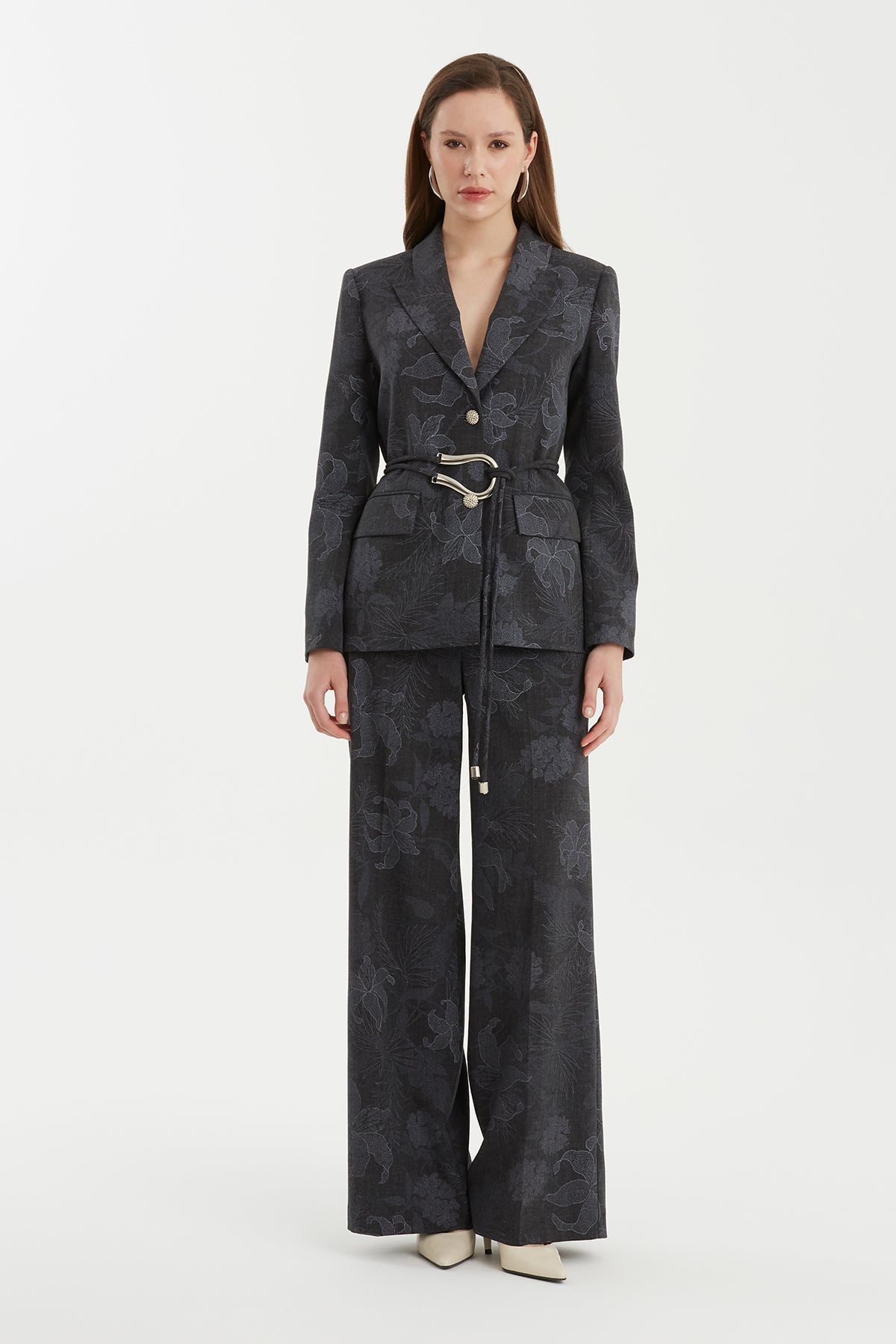 Grey Shoulder-Padded Patterned Jacket