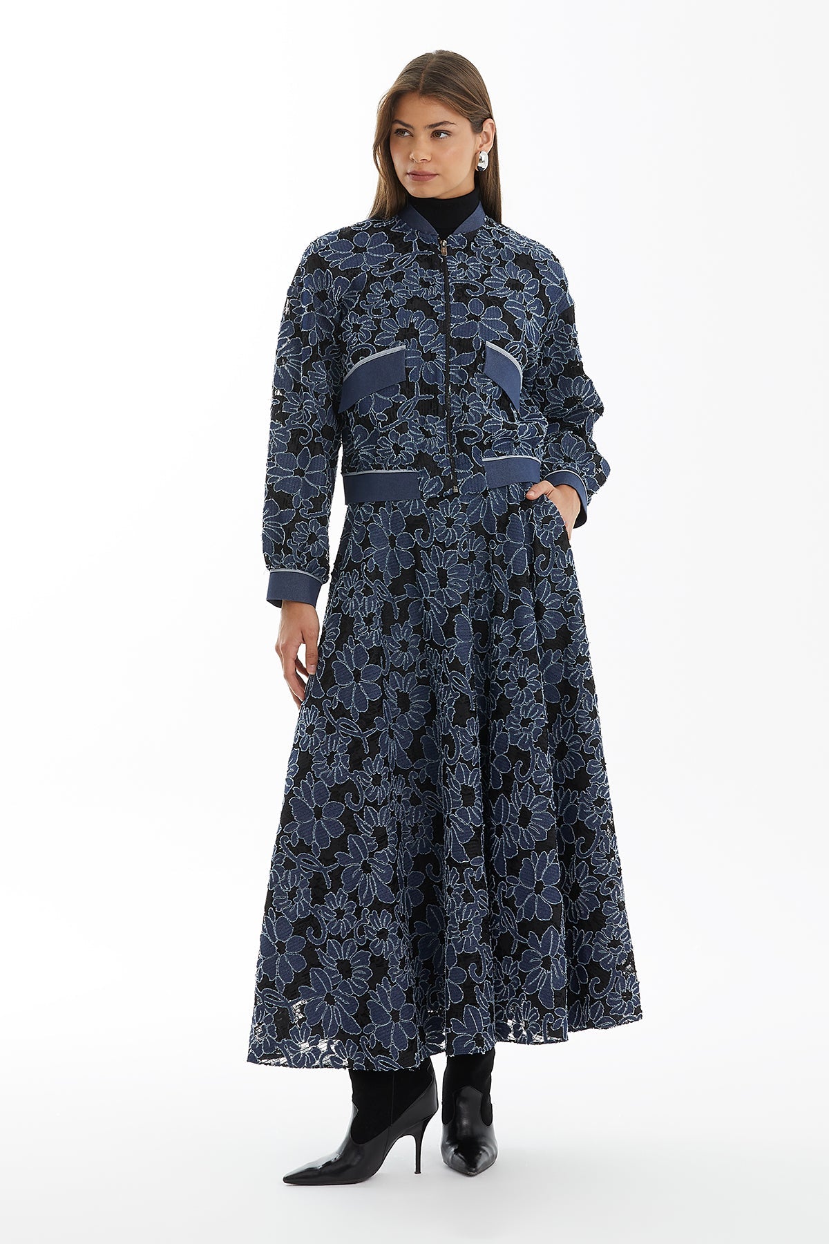 Dark Navy Patterned Jacket with Metal Logo Detail