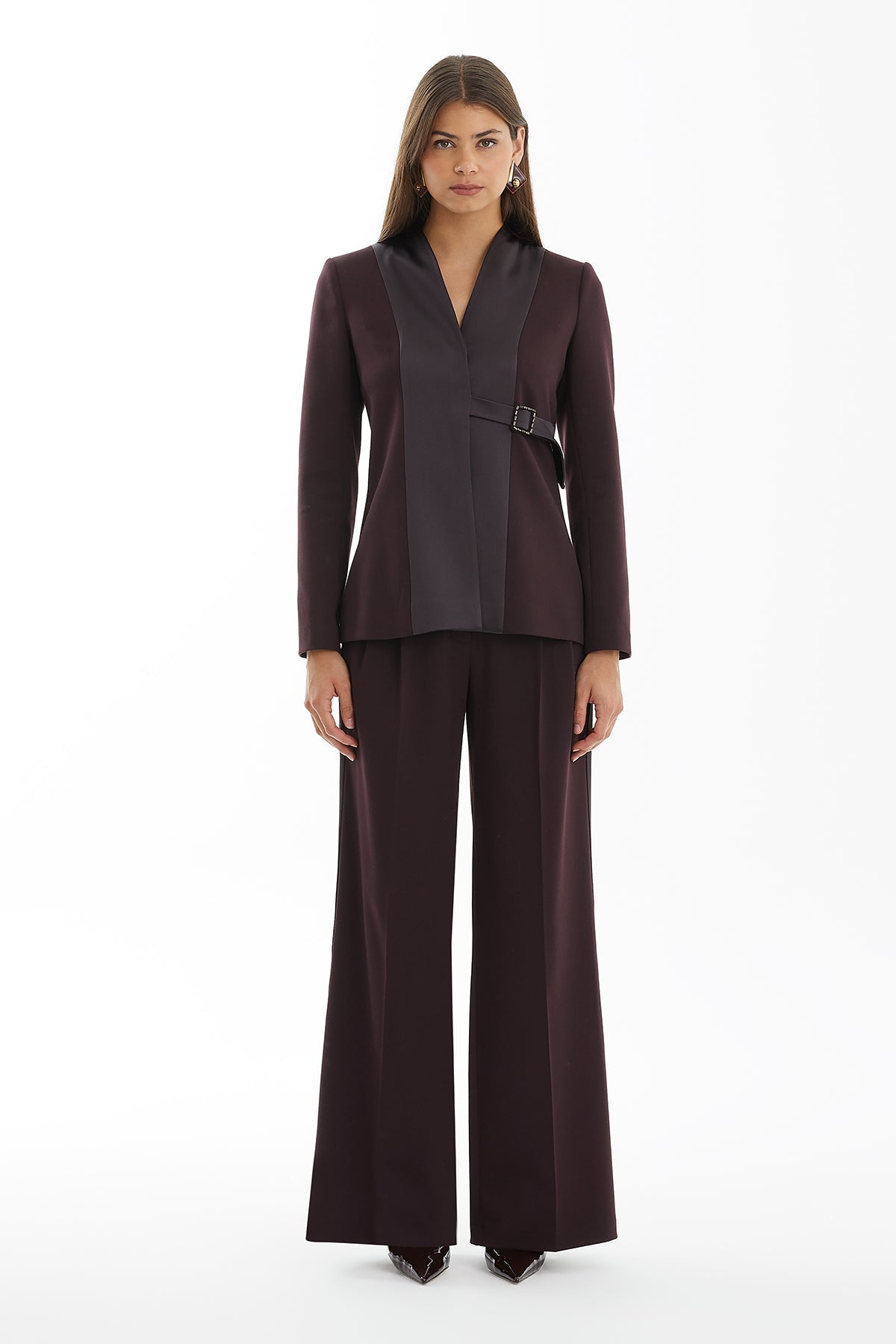 Red Shoulder-Padded Embroidered Jacket with Fabric-Covered Detail