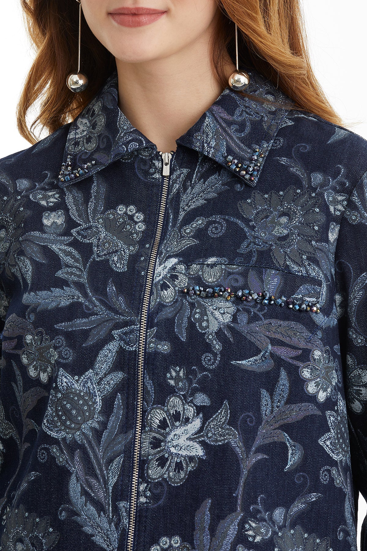 Beaded Detail Patterned Denim Jacket