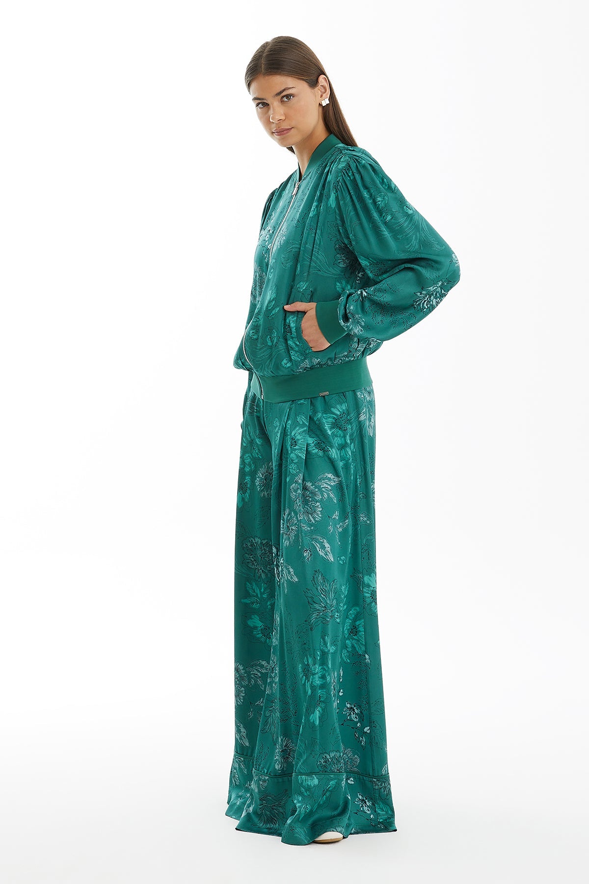 Green Zip-Front Contrast Pattern Jacket