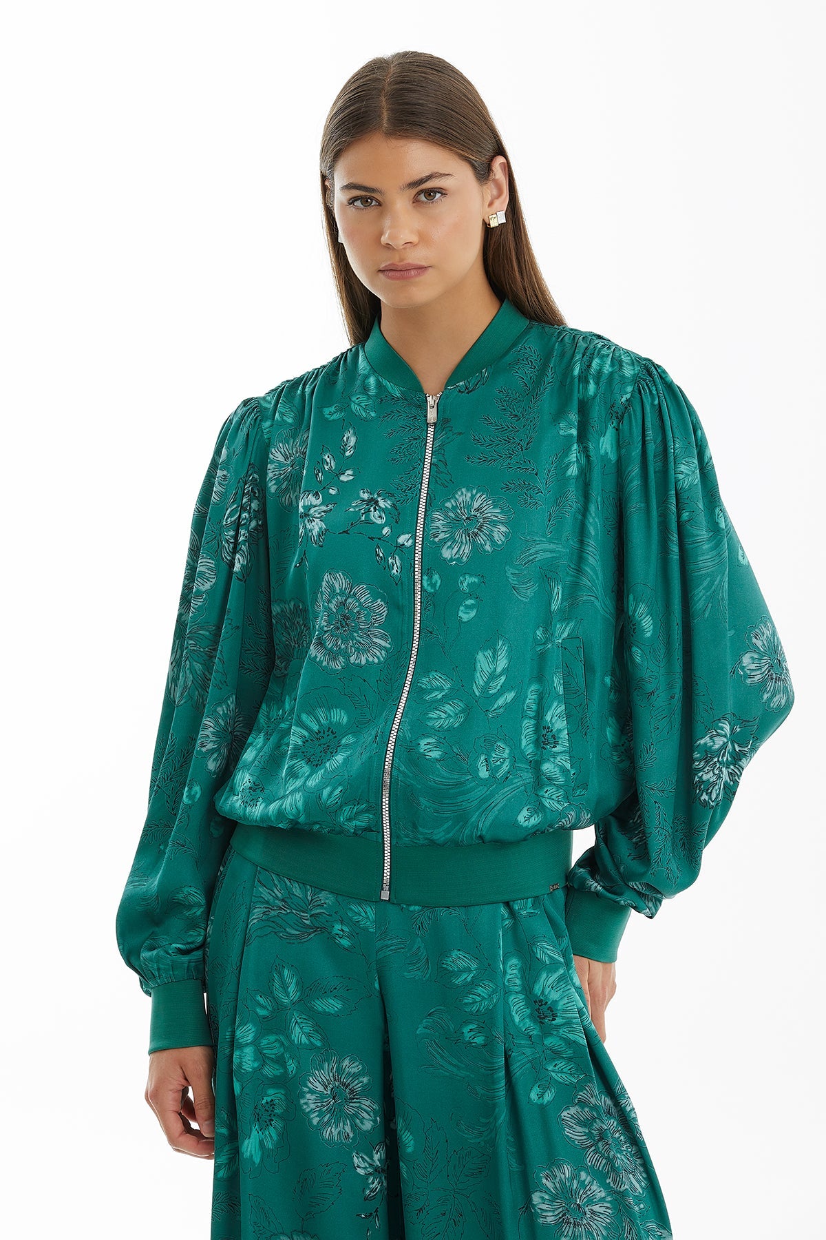 Green Zip-Front Contrast Pattern Jacket