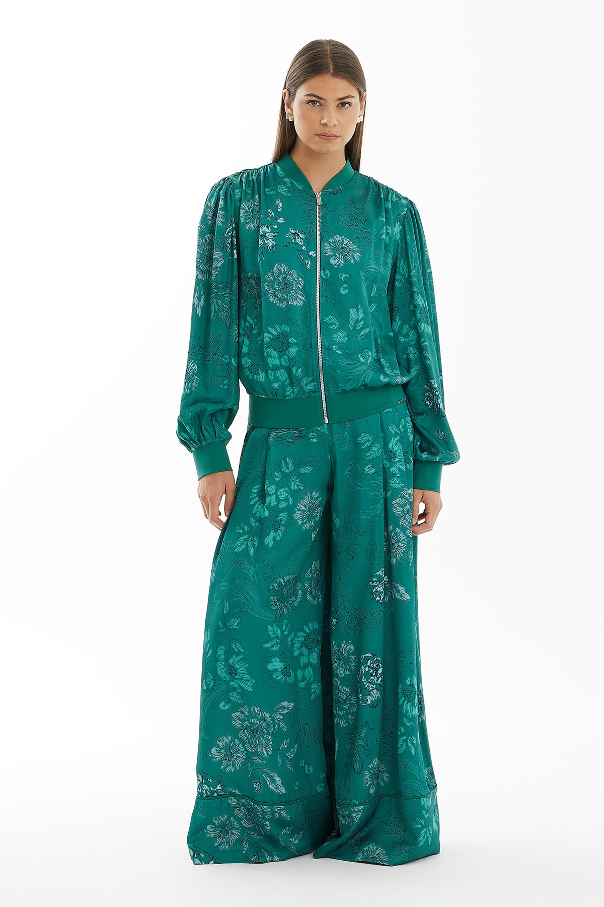 Green Zip-Front Contrast Pattern Jacket