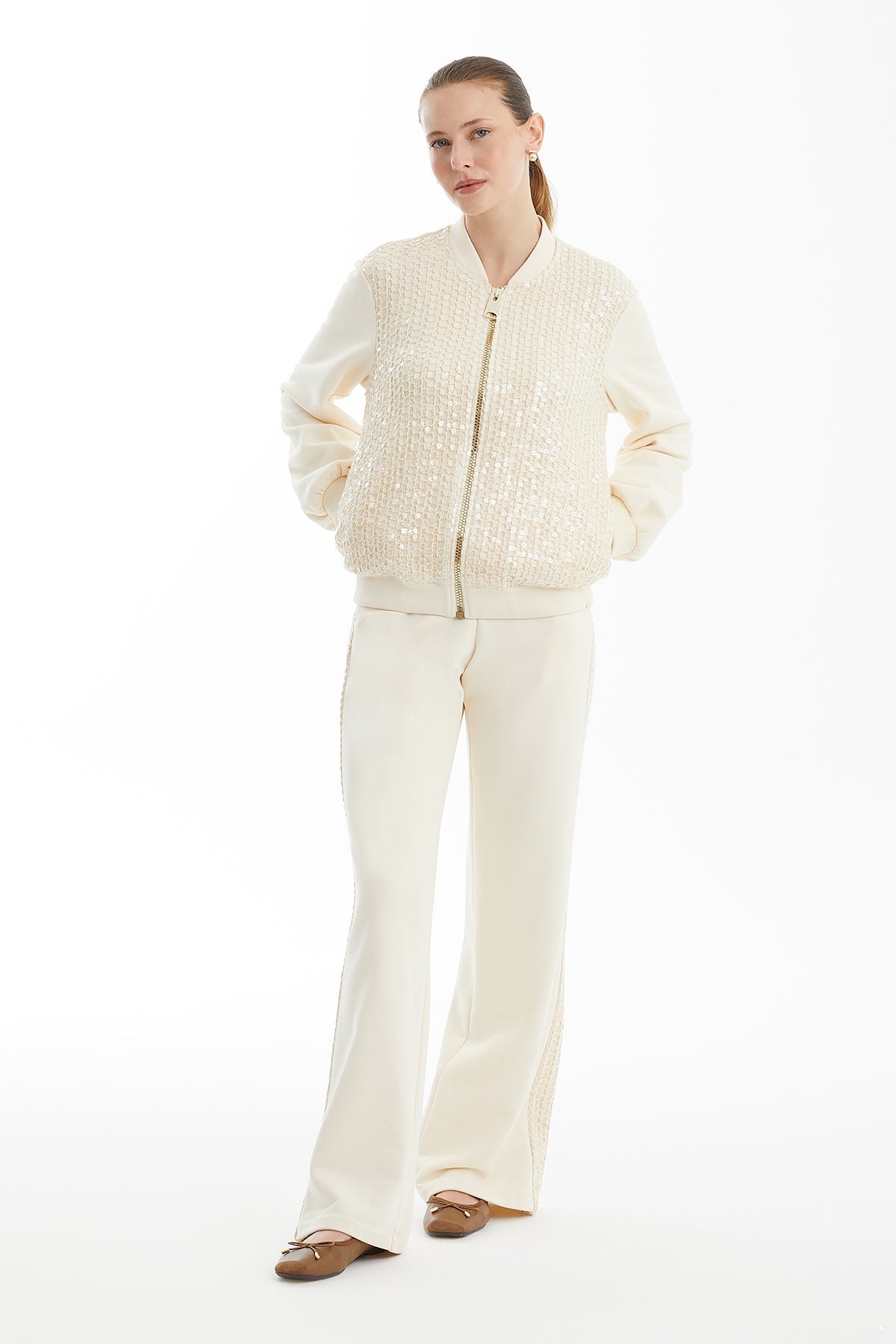 Ecru Sequin-Detail Knitted Jacket