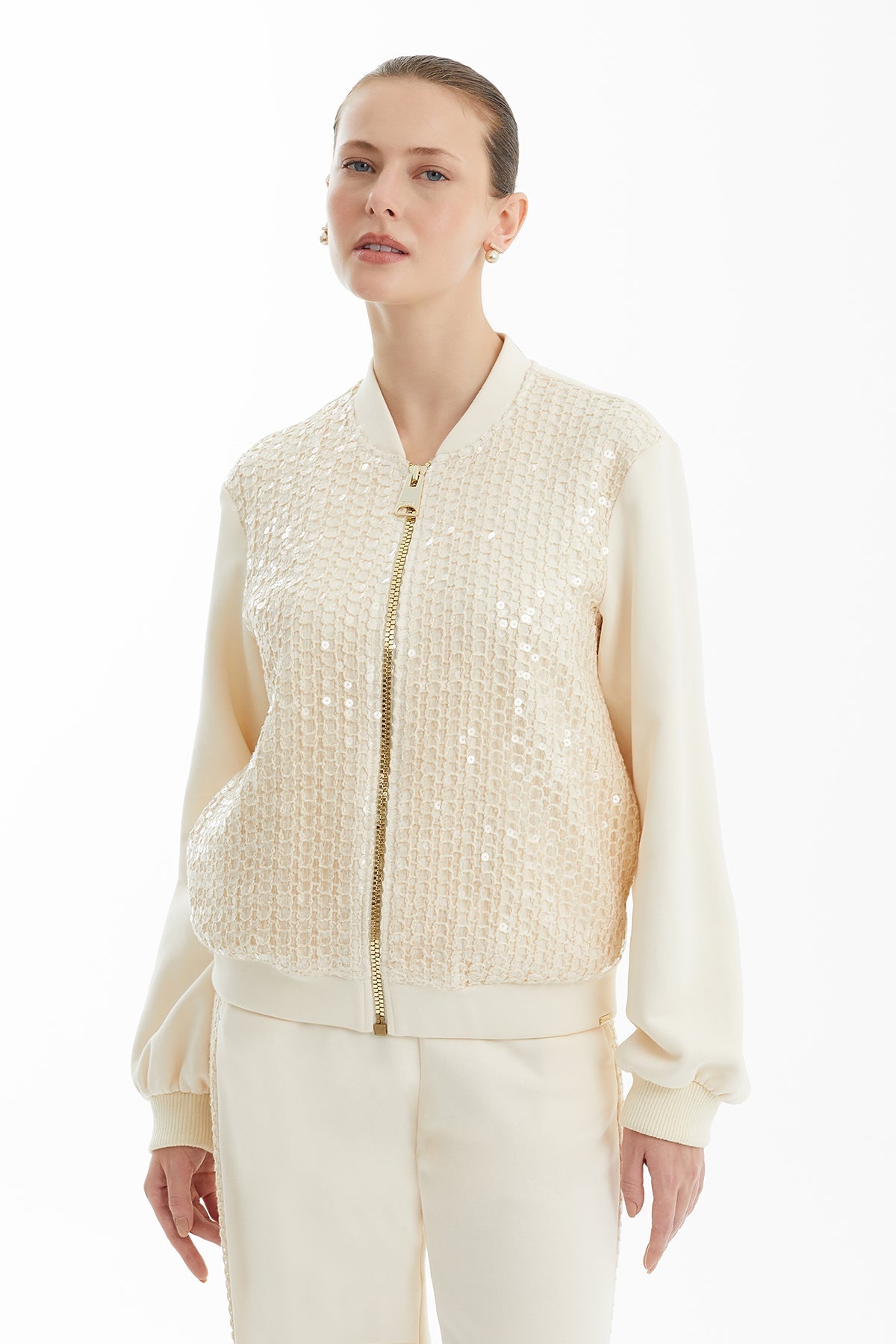 Ecru Sequin-Detail Knitted Jacket