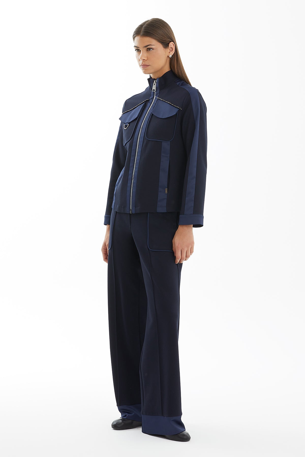 Dark Navy Knitted Jacket with Contrast Trim