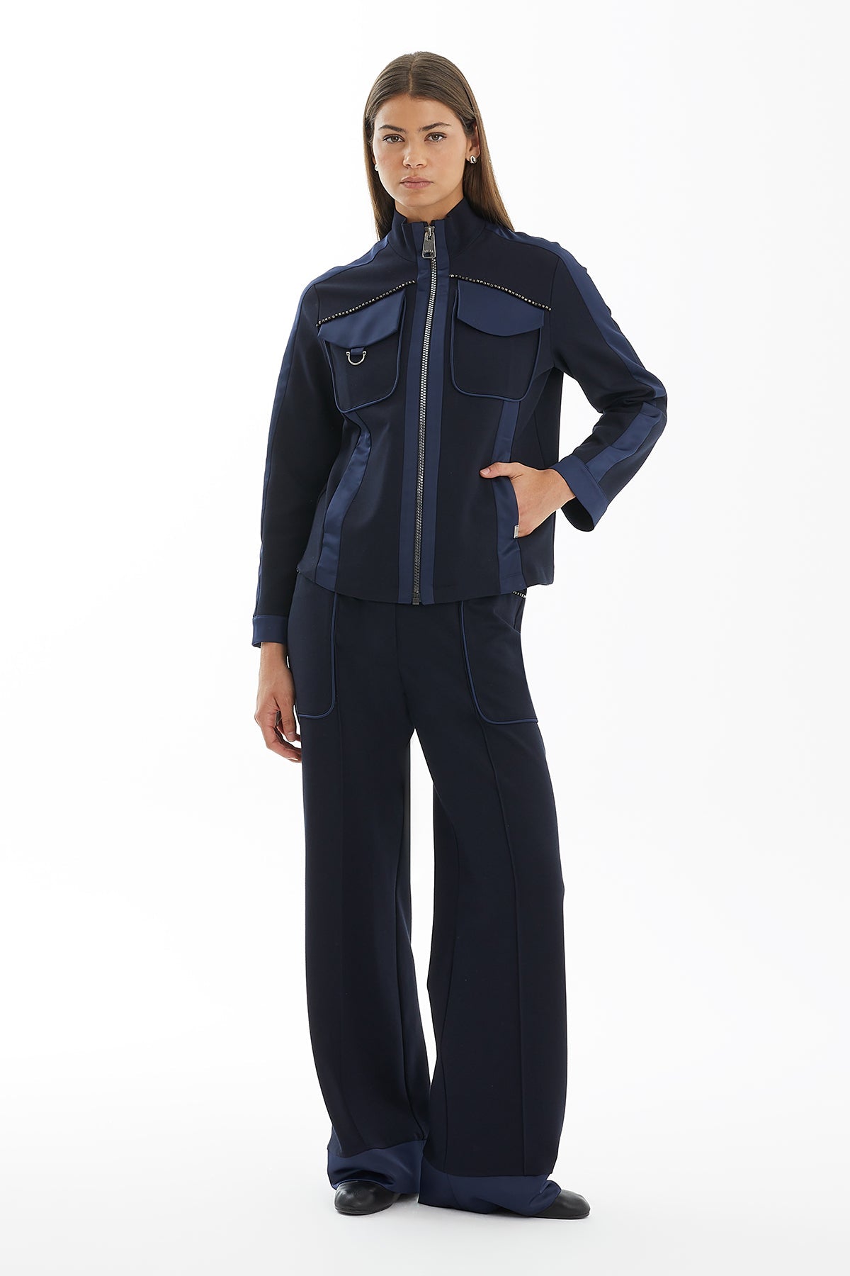 Dark Navy Knitted Jacket with Contrast Trim