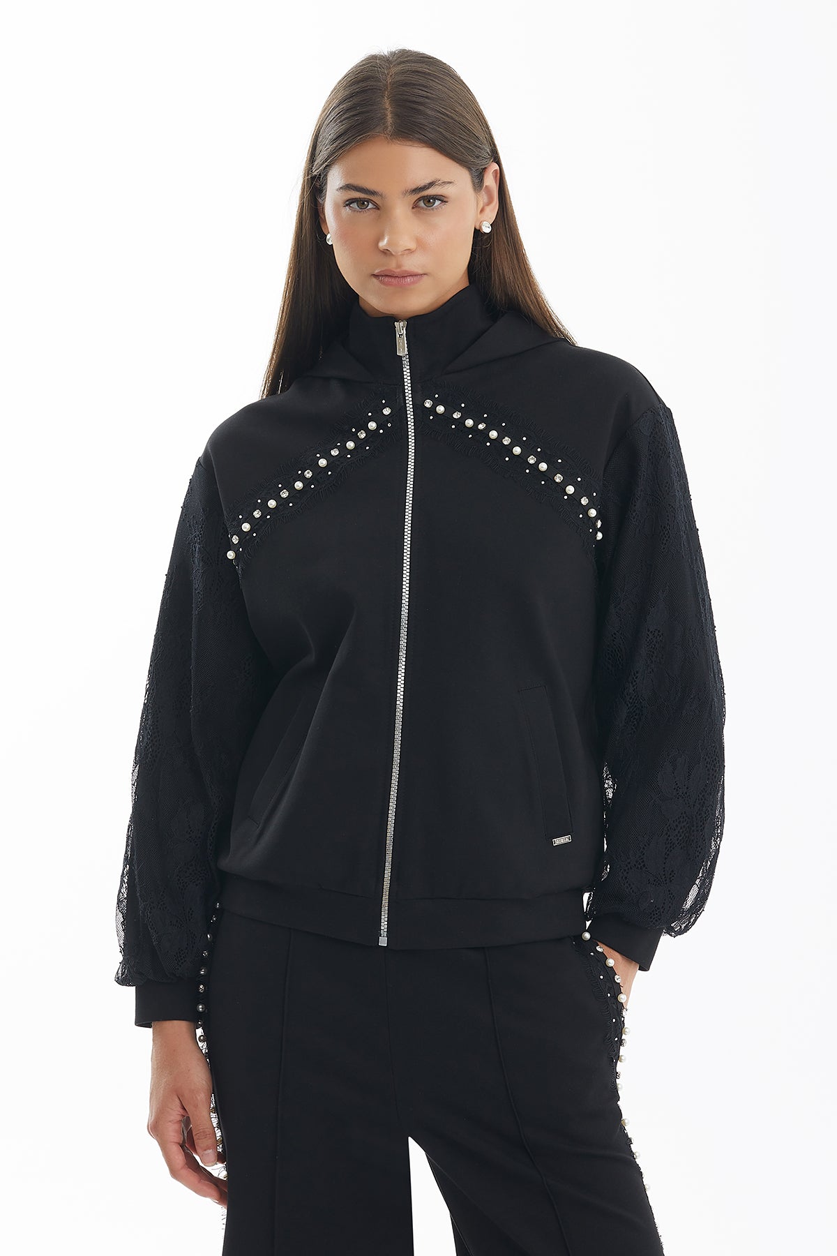 Black Lace Detail Embroidered Jacket