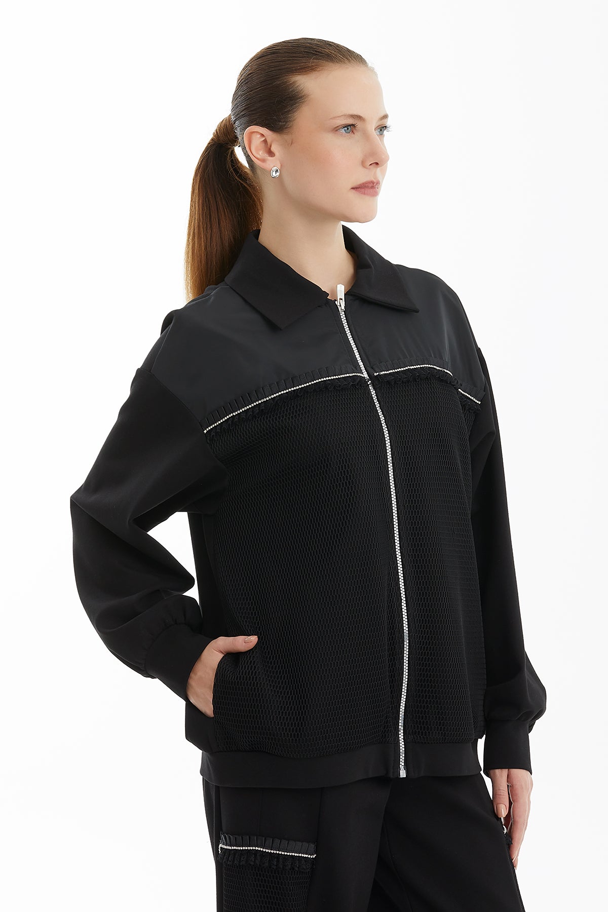 Black Embellished Jacket with Mesh Detail