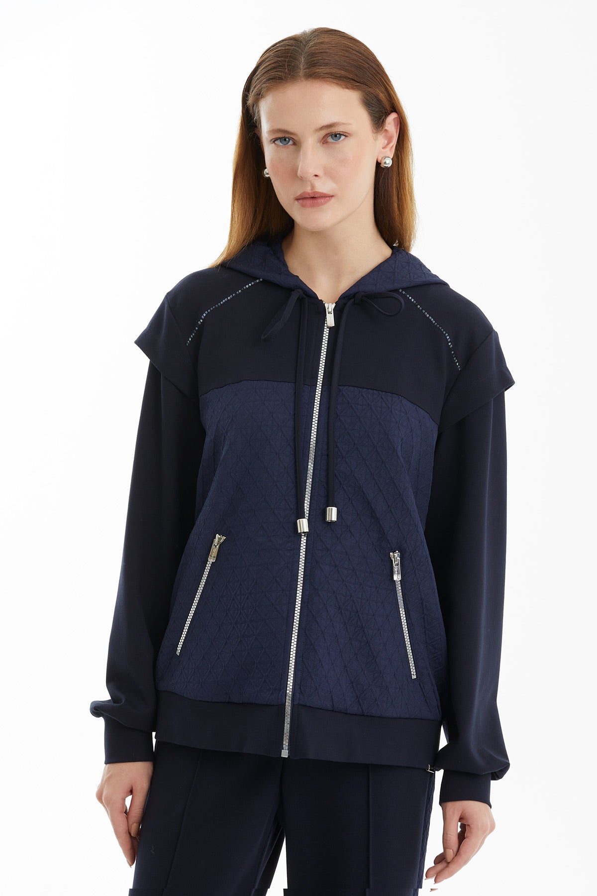 Dark Navy Geometric Pattern Hooded Jacket
