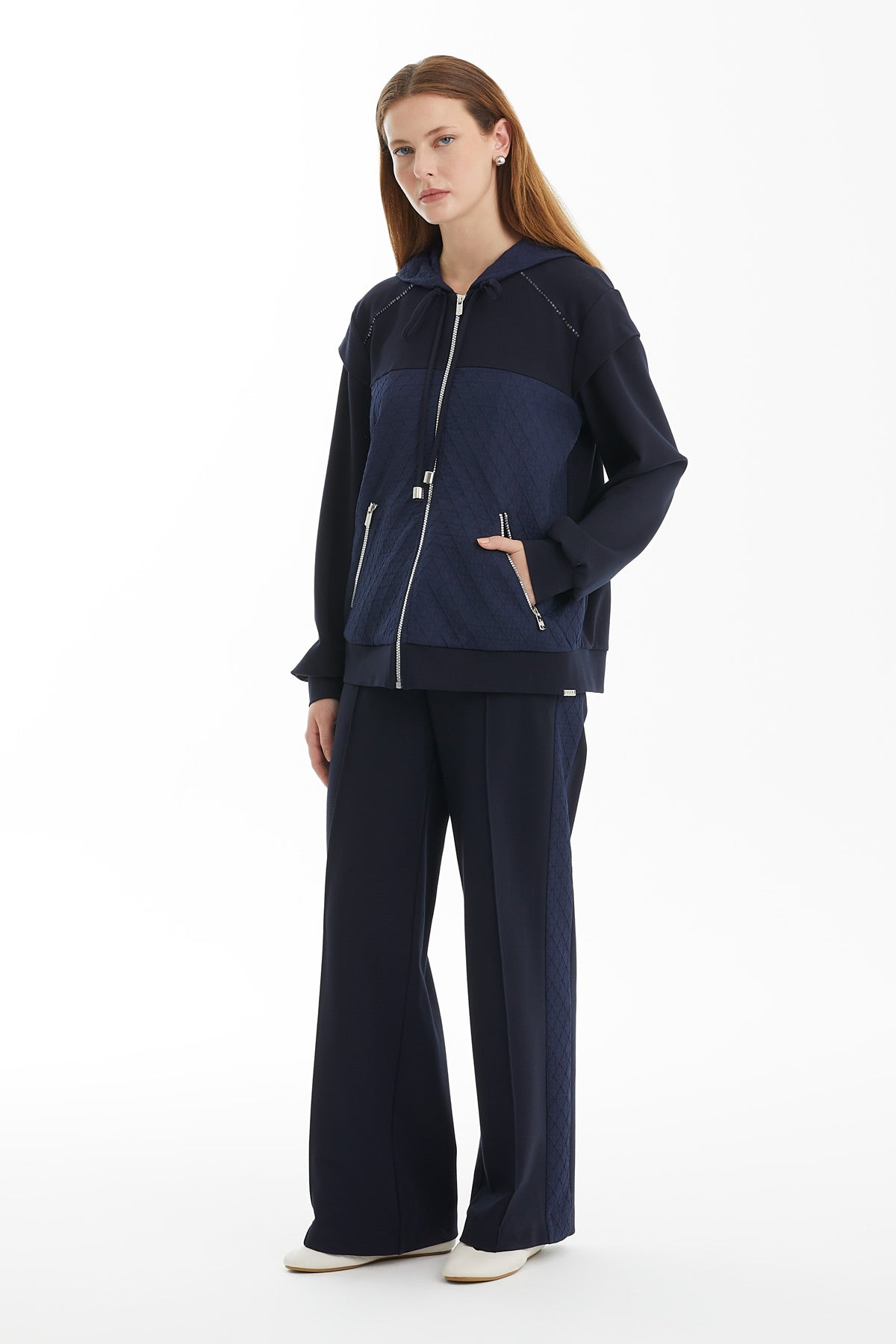 Dark Navy Geometric Pattern Hooded Jacket