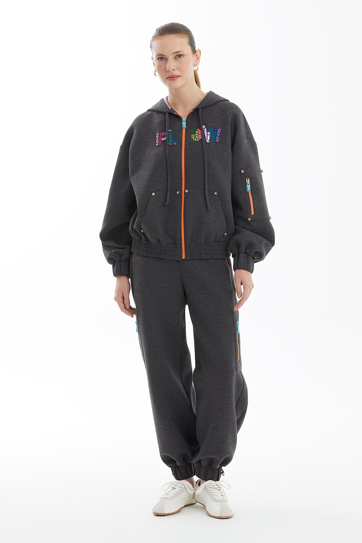Grey Colorful Embroidered Detail Jacket