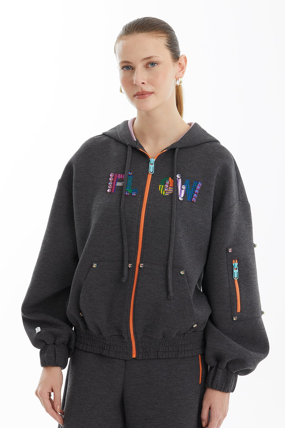 Grey Colorful Embroidered Detail Jacket