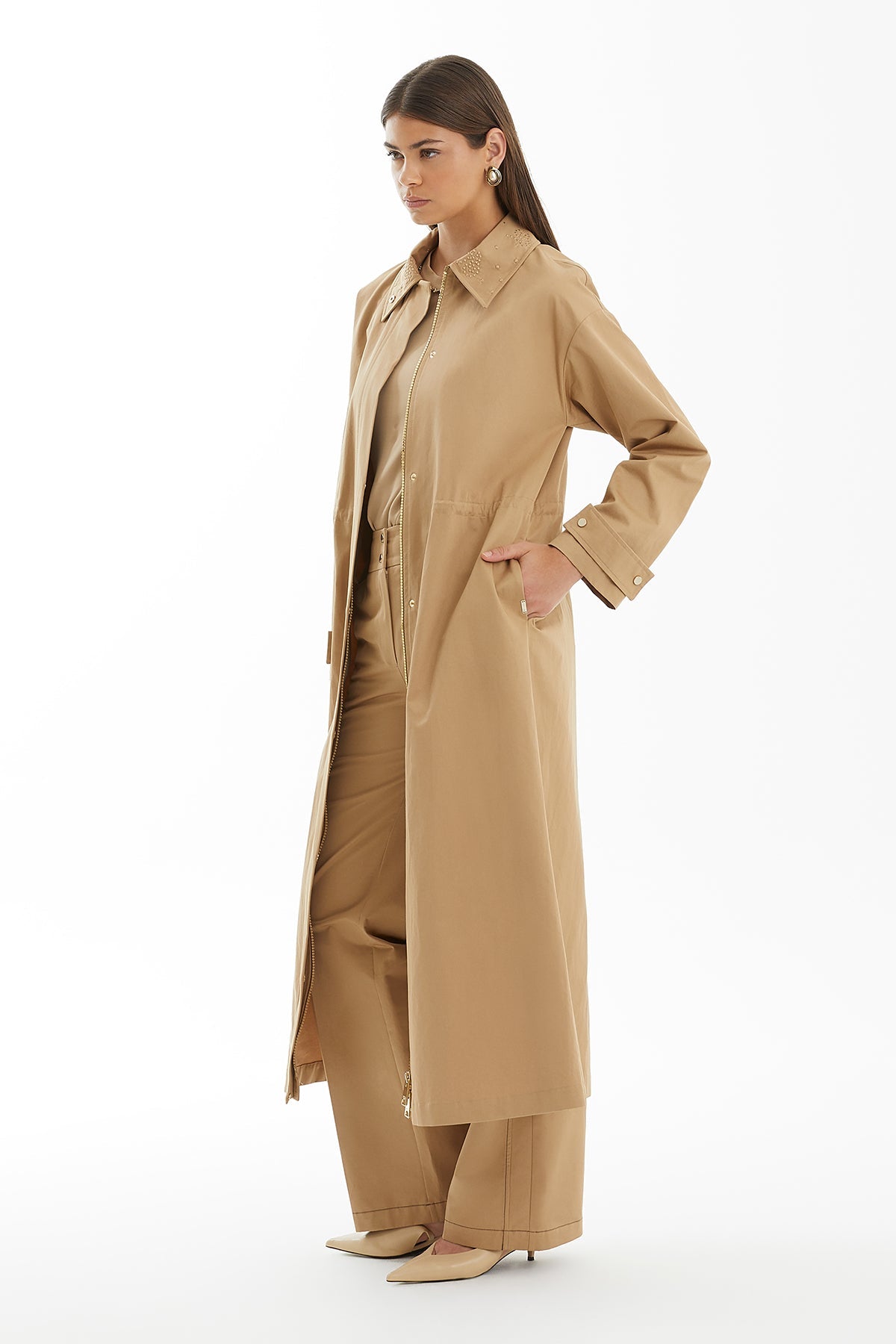 Brown Raised Embroidery Trench Coat