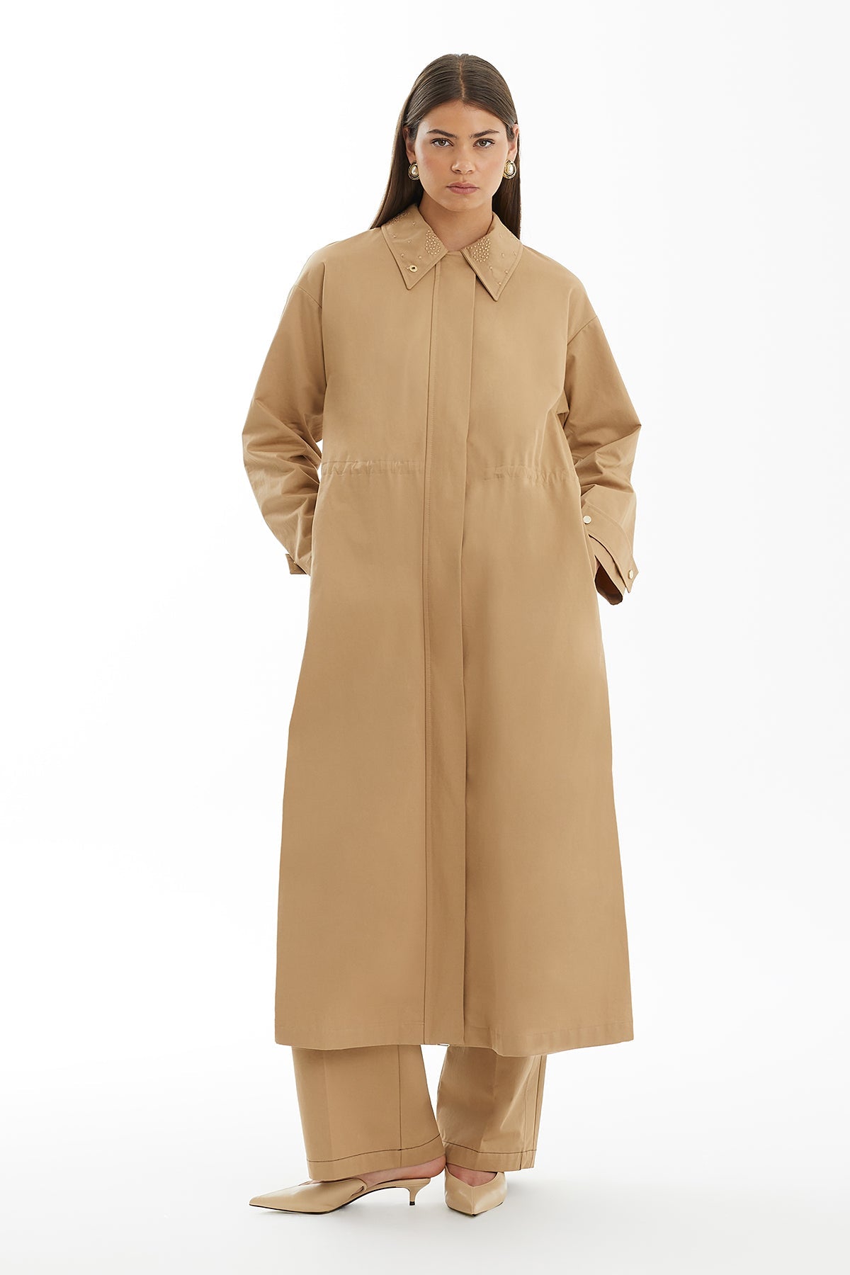 Brown Raised Embroidery Trench Coat