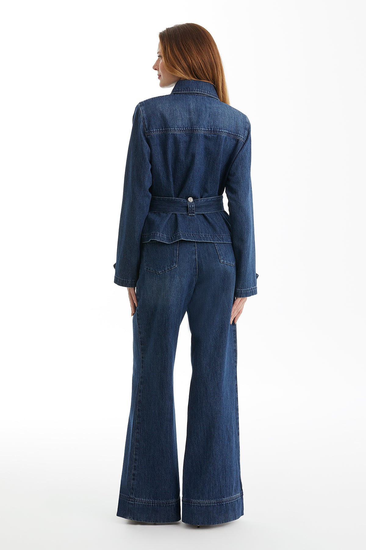Blue Tie-Belt Stone-Embellished Denim Jacket