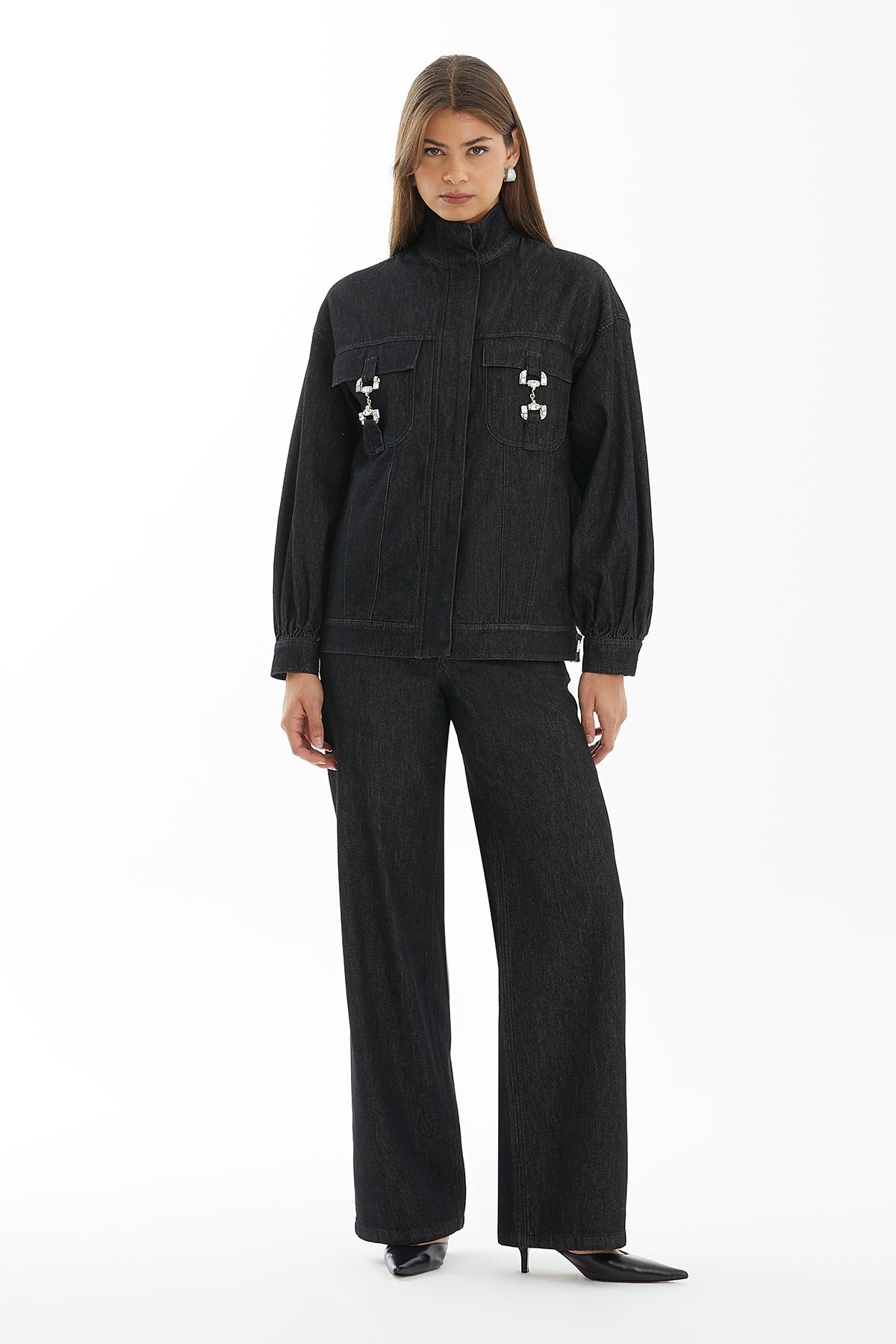 Black Denim Jacket with Crystal Metal Detail