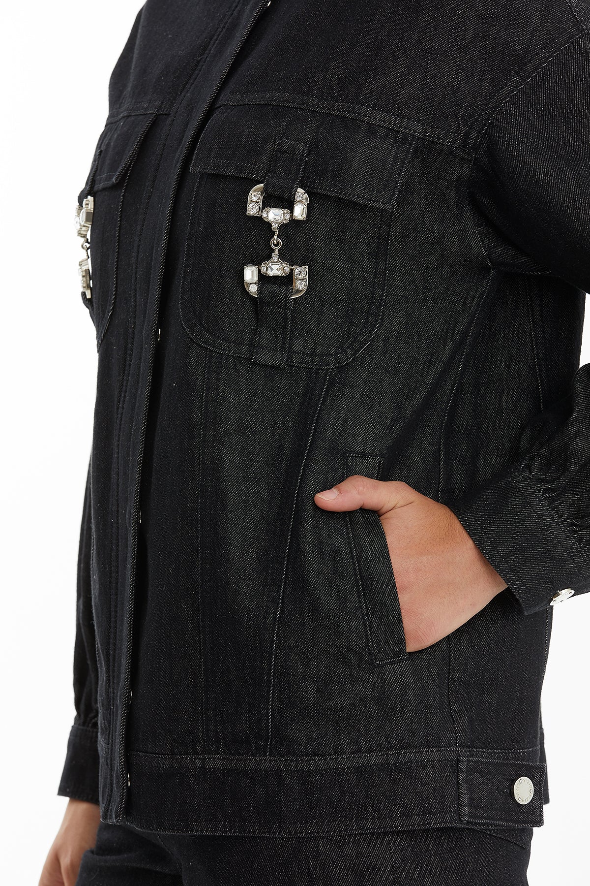Black Denim Jacket with Crystal Metal Detail