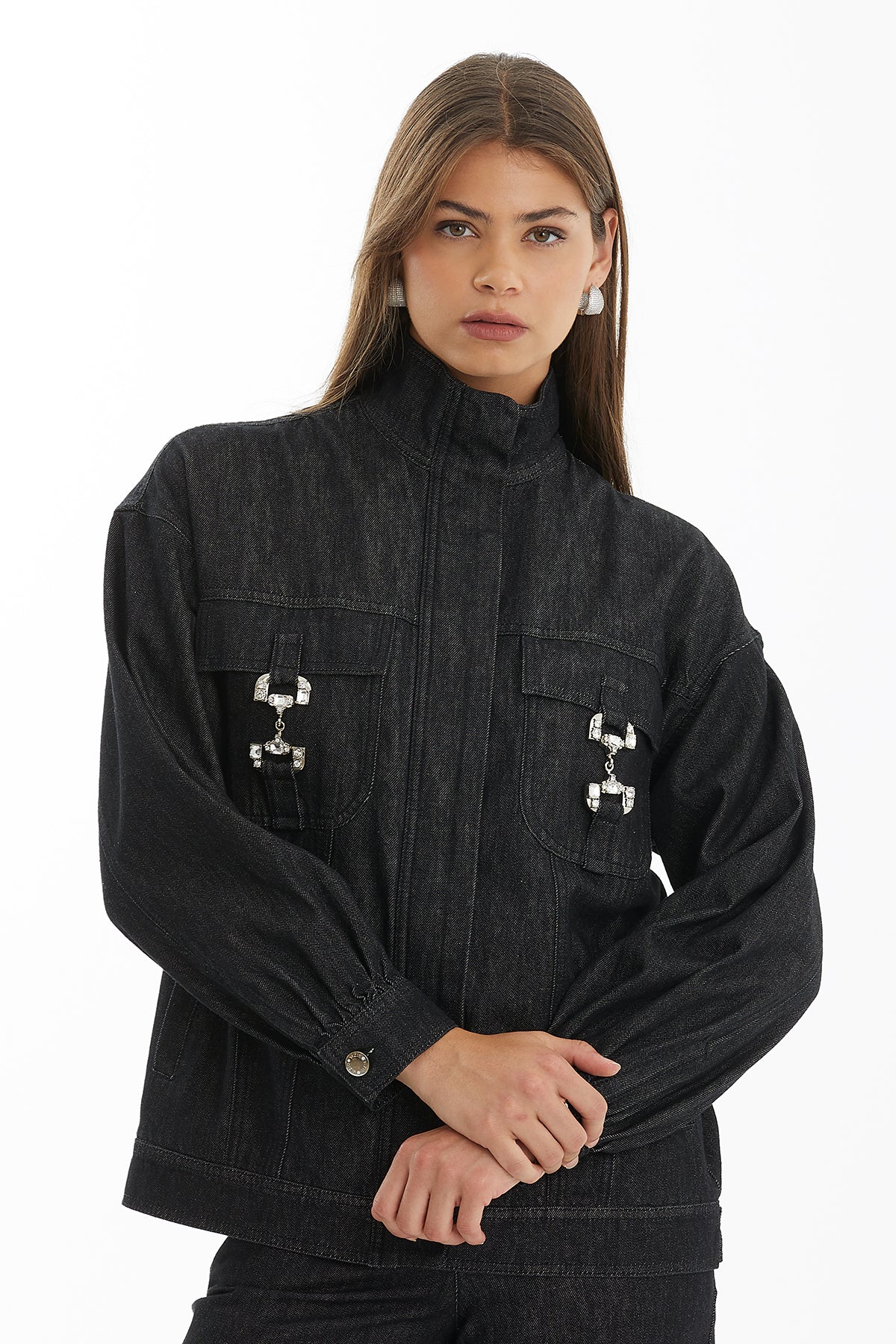 Black Denim Jacket with Crystal Metal Detail