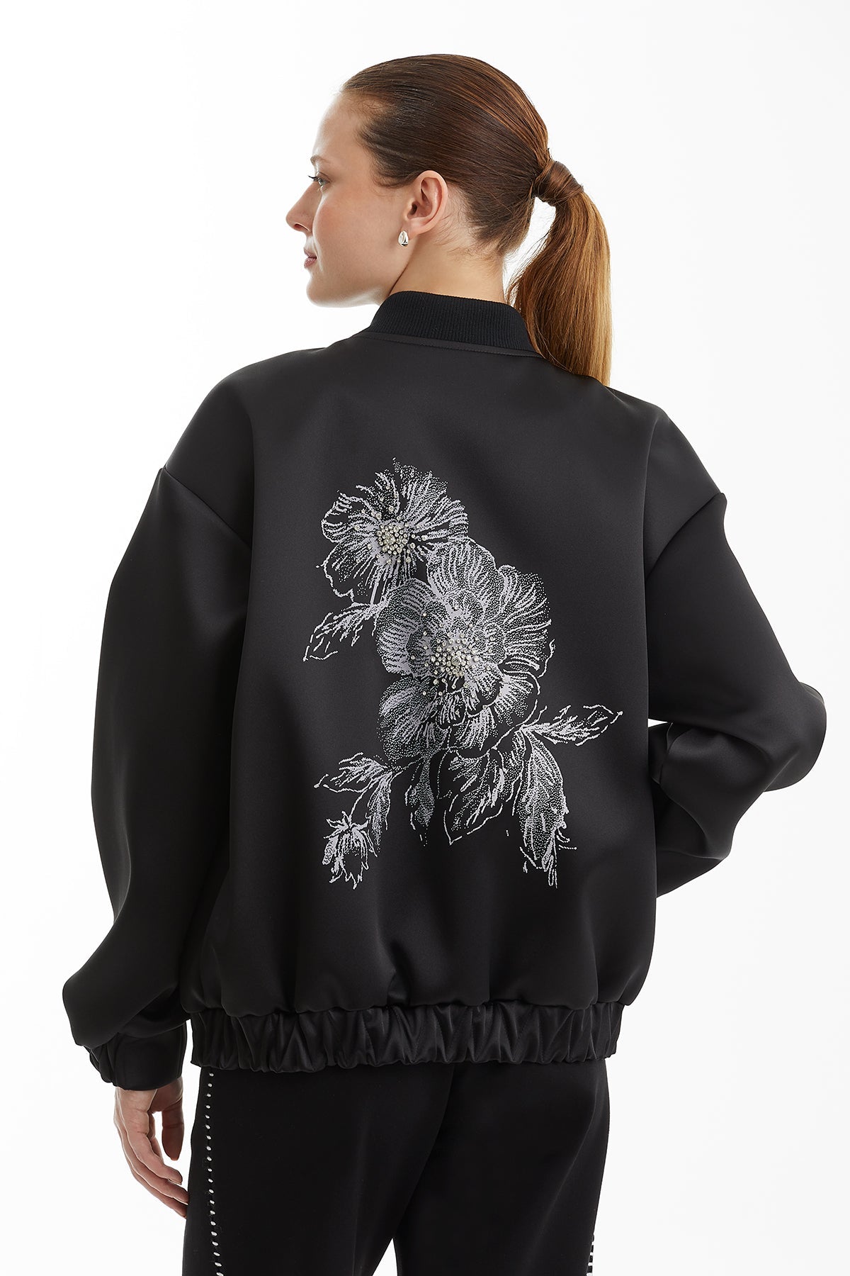 Black Floral Print Bomber Jacket