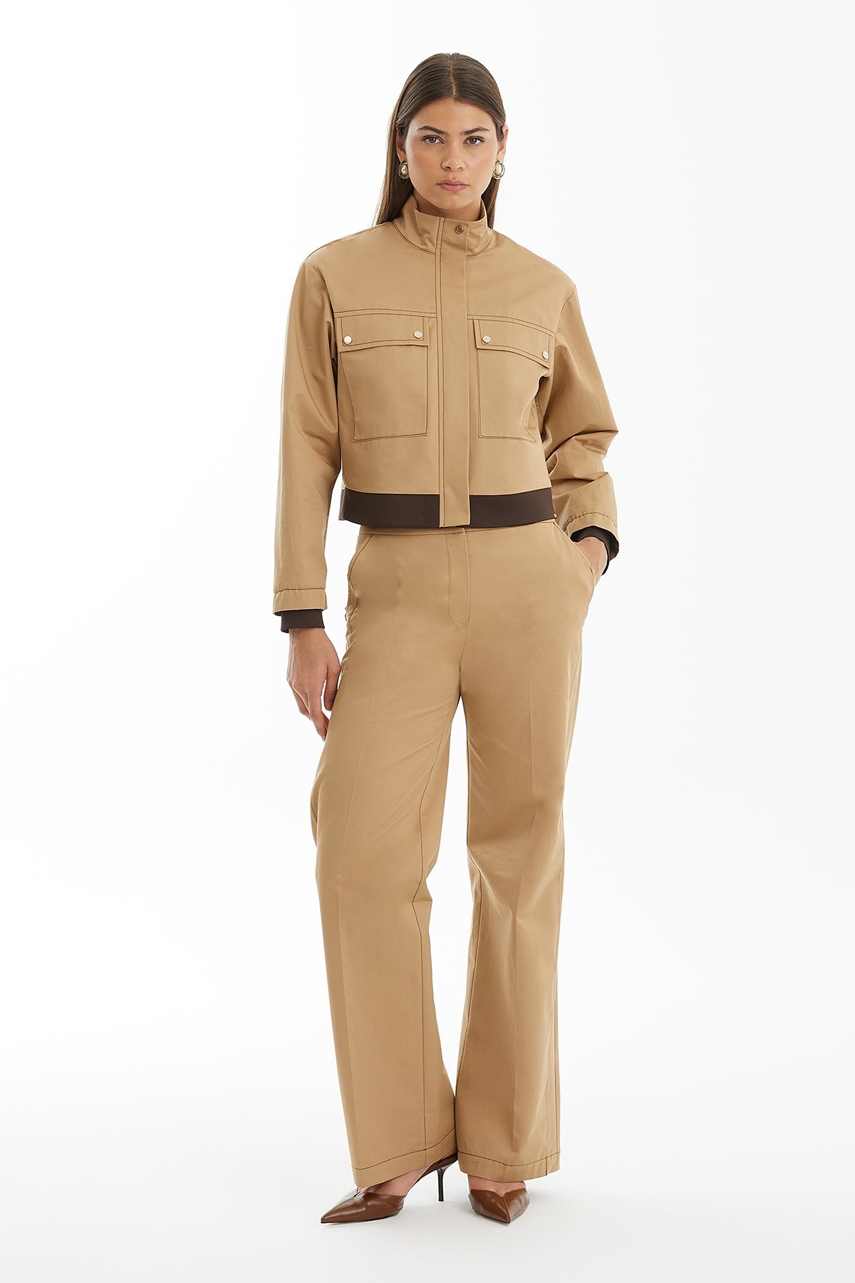 Brown Cropped Snap Jacket with Contrast Trim
