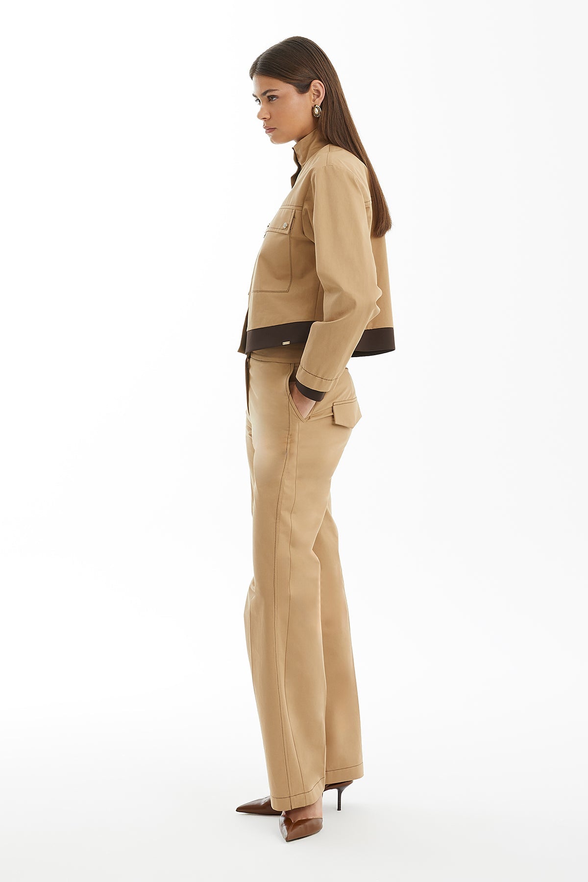 Brown Cropped Snap Jacket with Contrast Trim