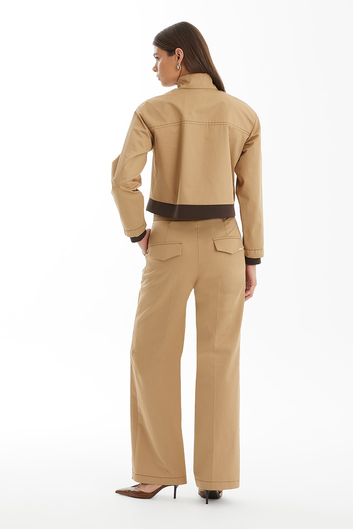 Brown Cropped Snap Jacket with Contrast Trim
