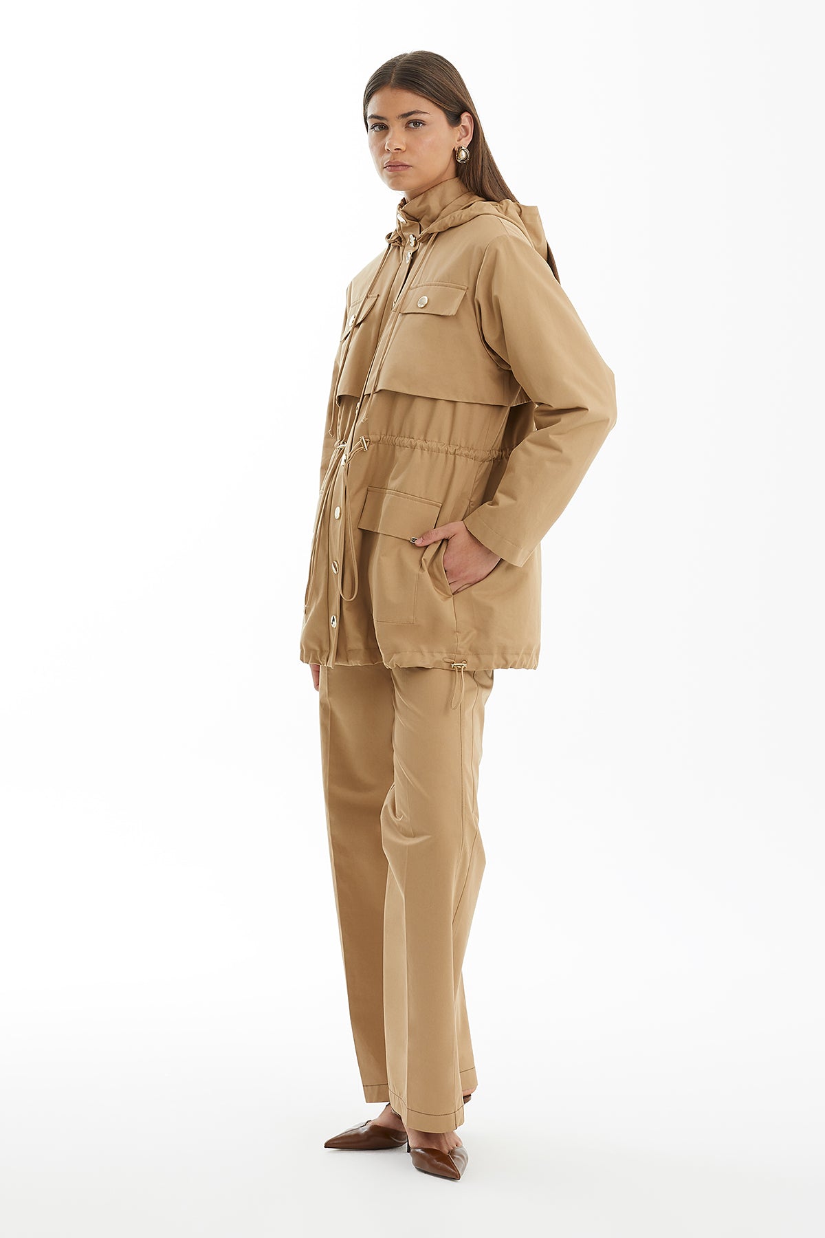Brown Snap-Button Jacket with Drawstring Stopper Detail
