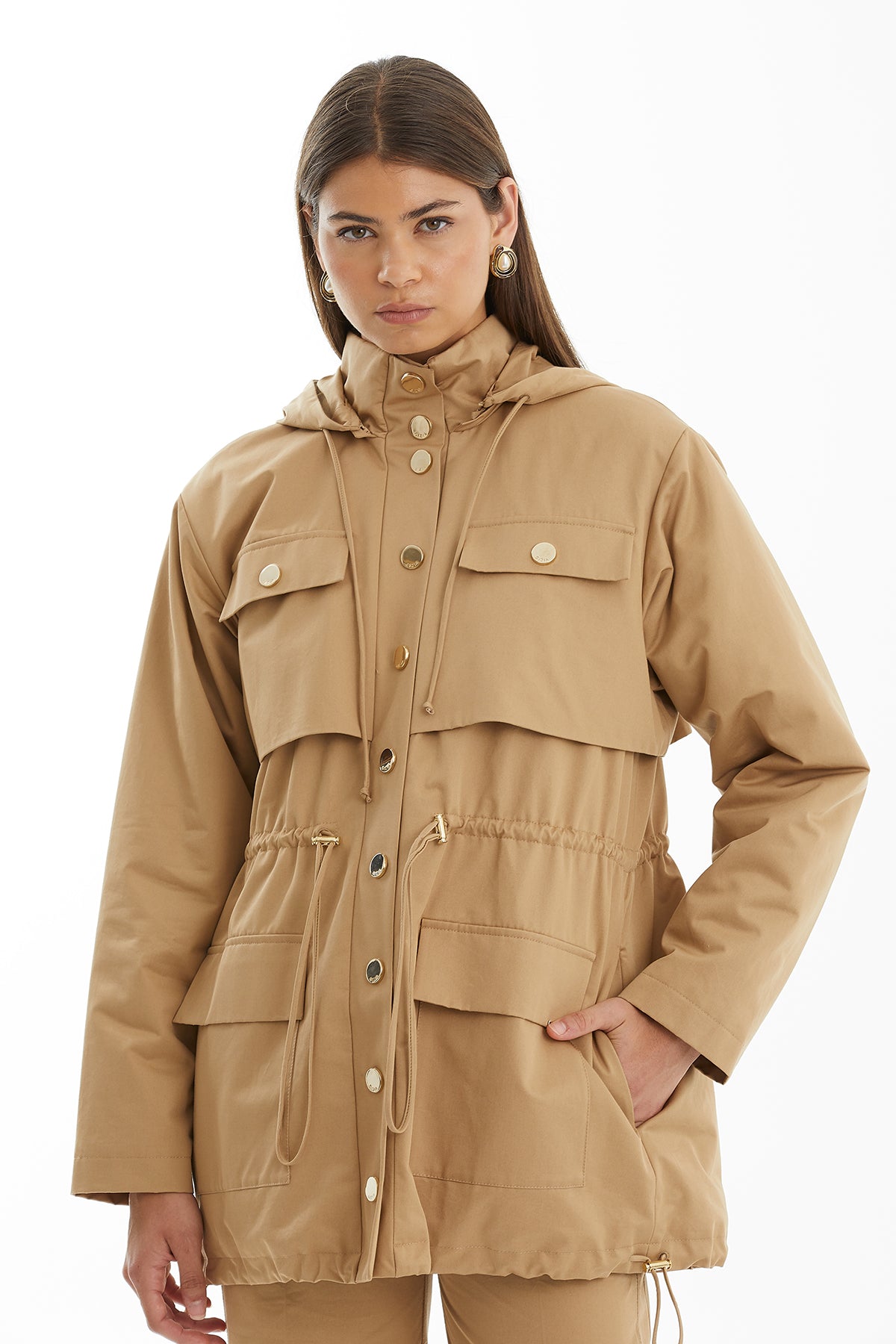 Brown Snap-Button Jacket with Drawstring Stopper Detail