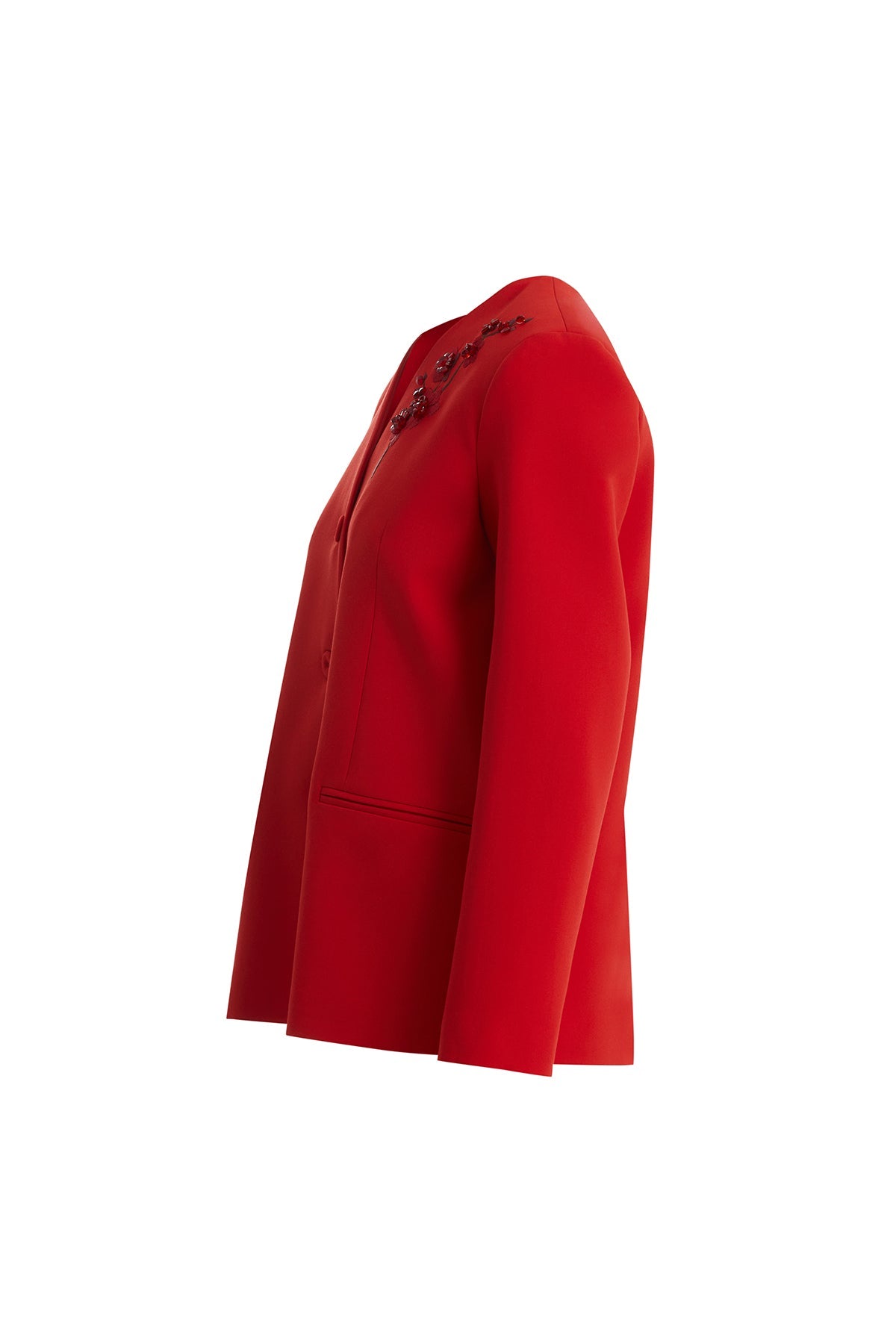 Red Long Jacket with Floral Appliqué