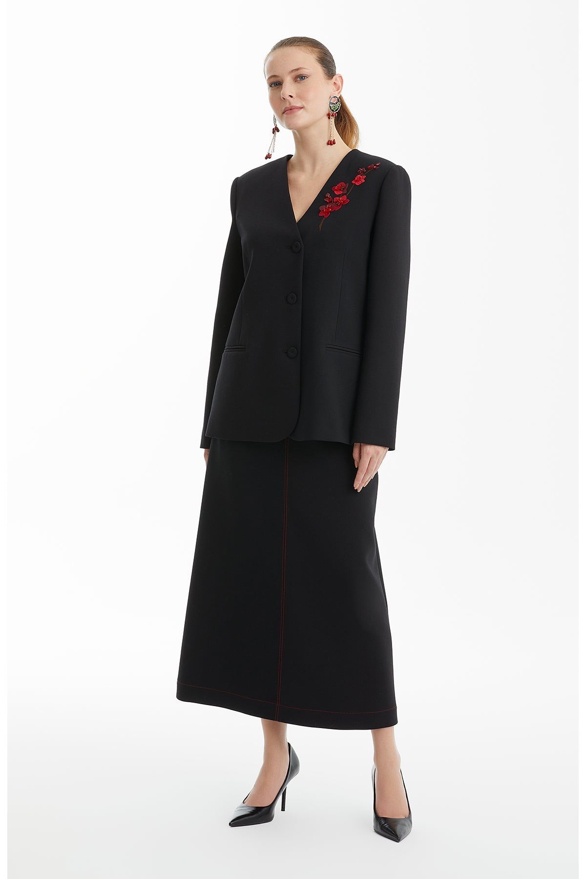Black Long Jacket with Floral Appliqué