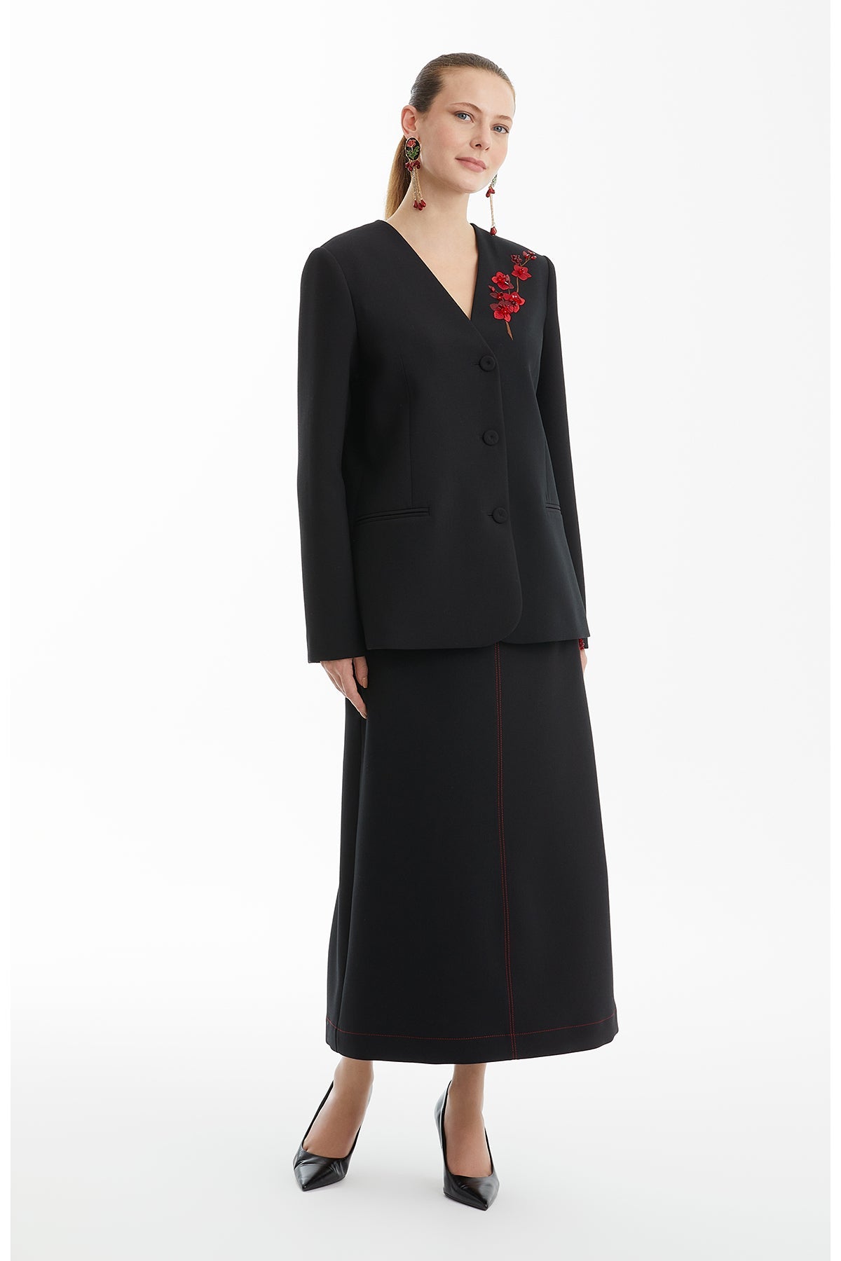 Black Long Jacket with Floral Appliqué