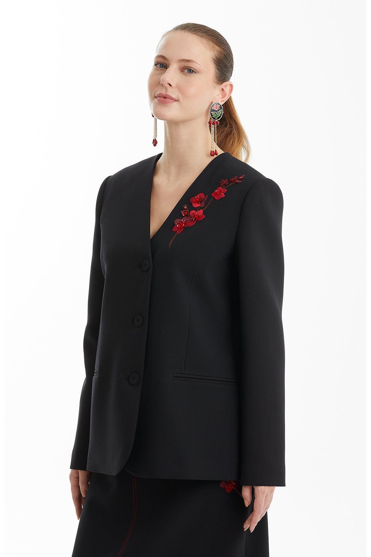 Black Long Jacket with Floral Appliqué