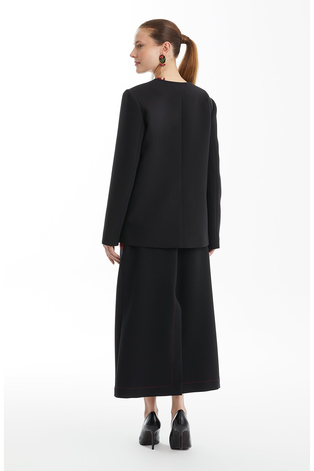 Black Long Jacket with Floral Appliqué