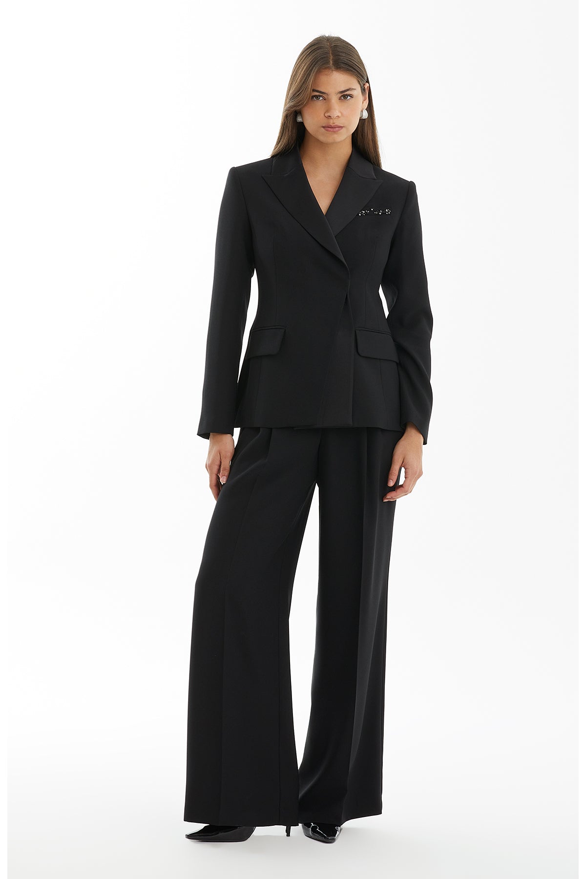 Black Blazer Jacket with Satin Collar Detail