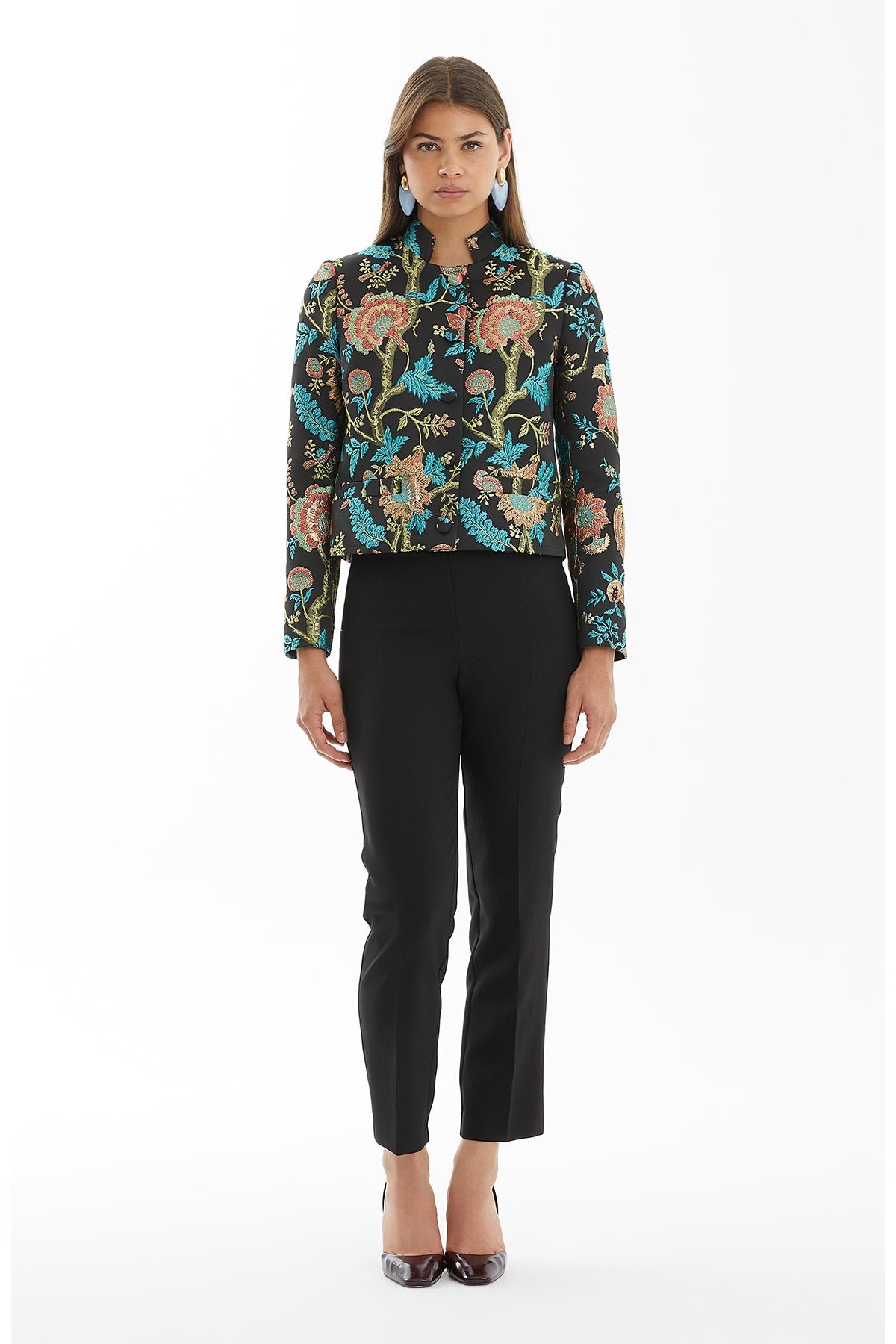 Black Snap-Button Stand Collar Jacket