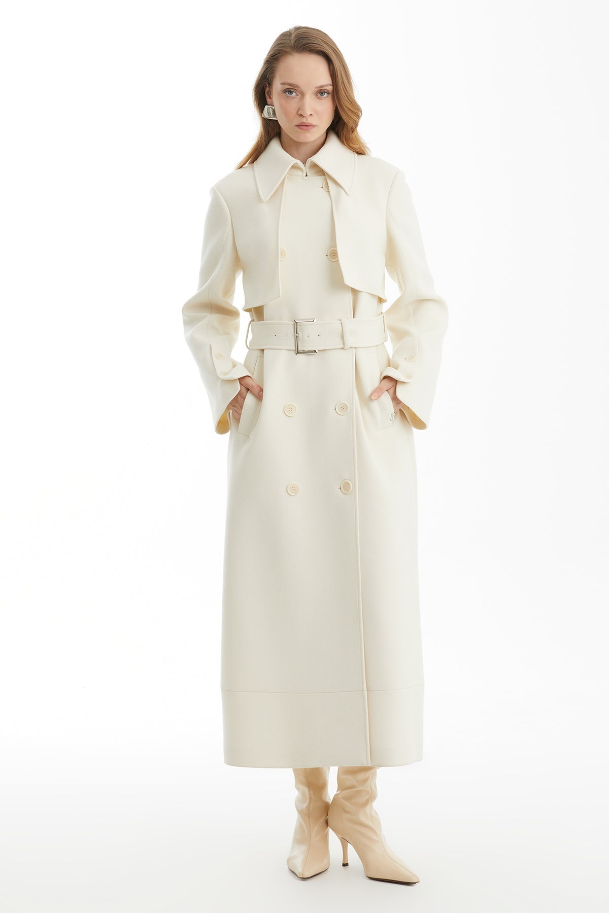 Ecru Wool Blend Coat with Metal Buckle Detail
