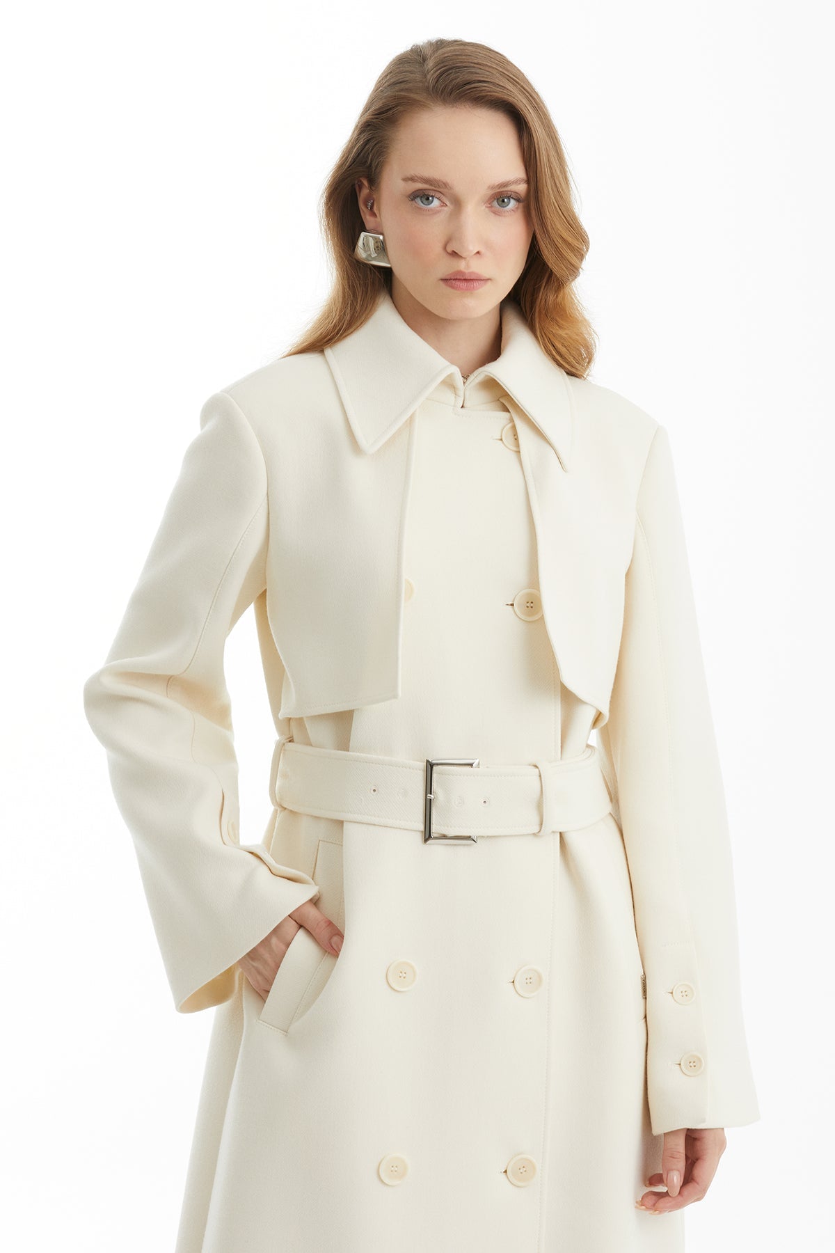 Ecru Wool Blend Coat with Metal Buckle Detail