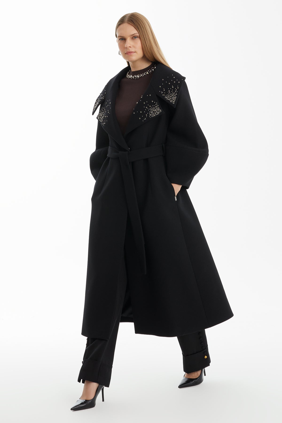 Black Wool Blend Embellished Coat with Detachable Belt