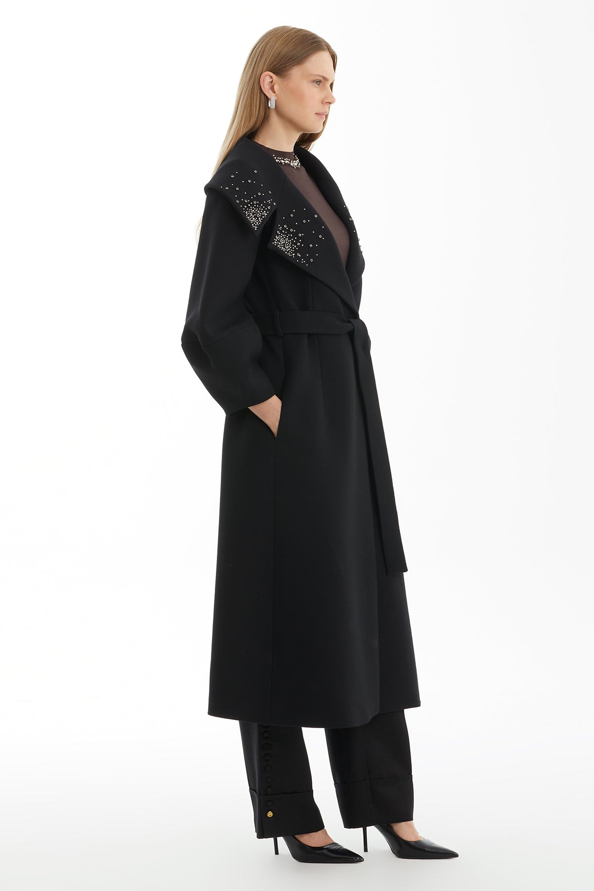 Black Wool Blend Embellished Coat with Detachable Belt