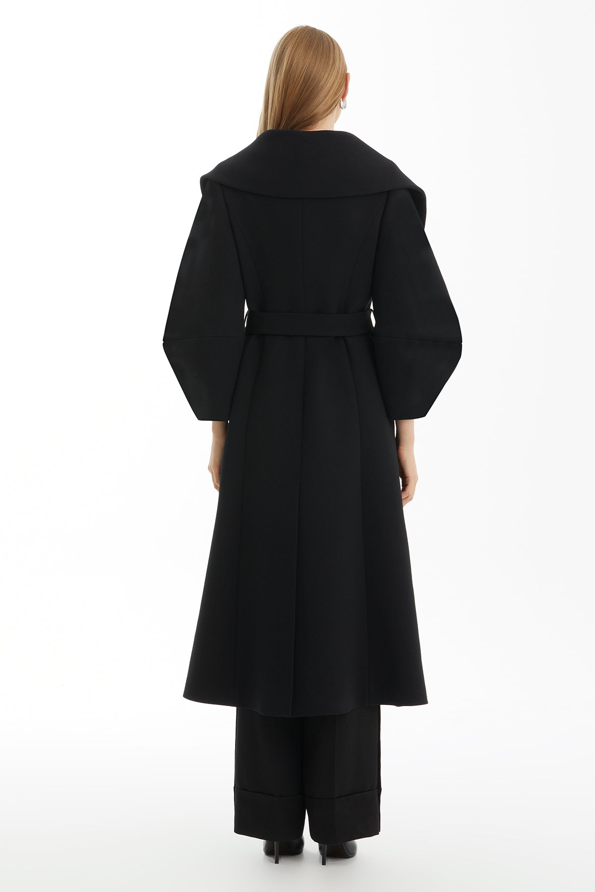 Black Wool Blend Embellished Coat with Detachable Belt