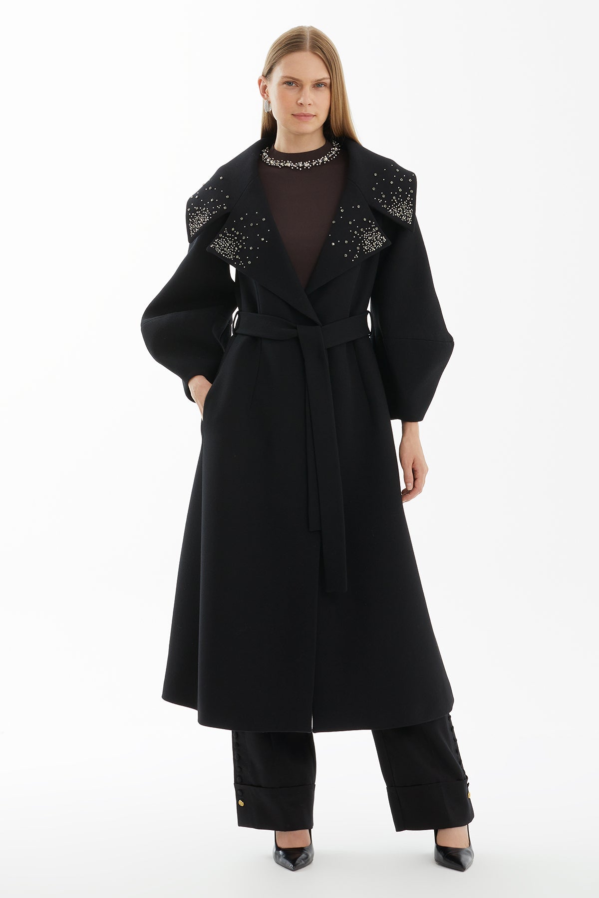 Black Wool Blend Embellished Coat with Detachable Belt