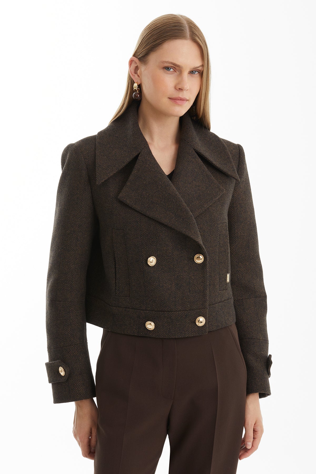 Brown Short Wool Blend Coat with Metal Logo Detail