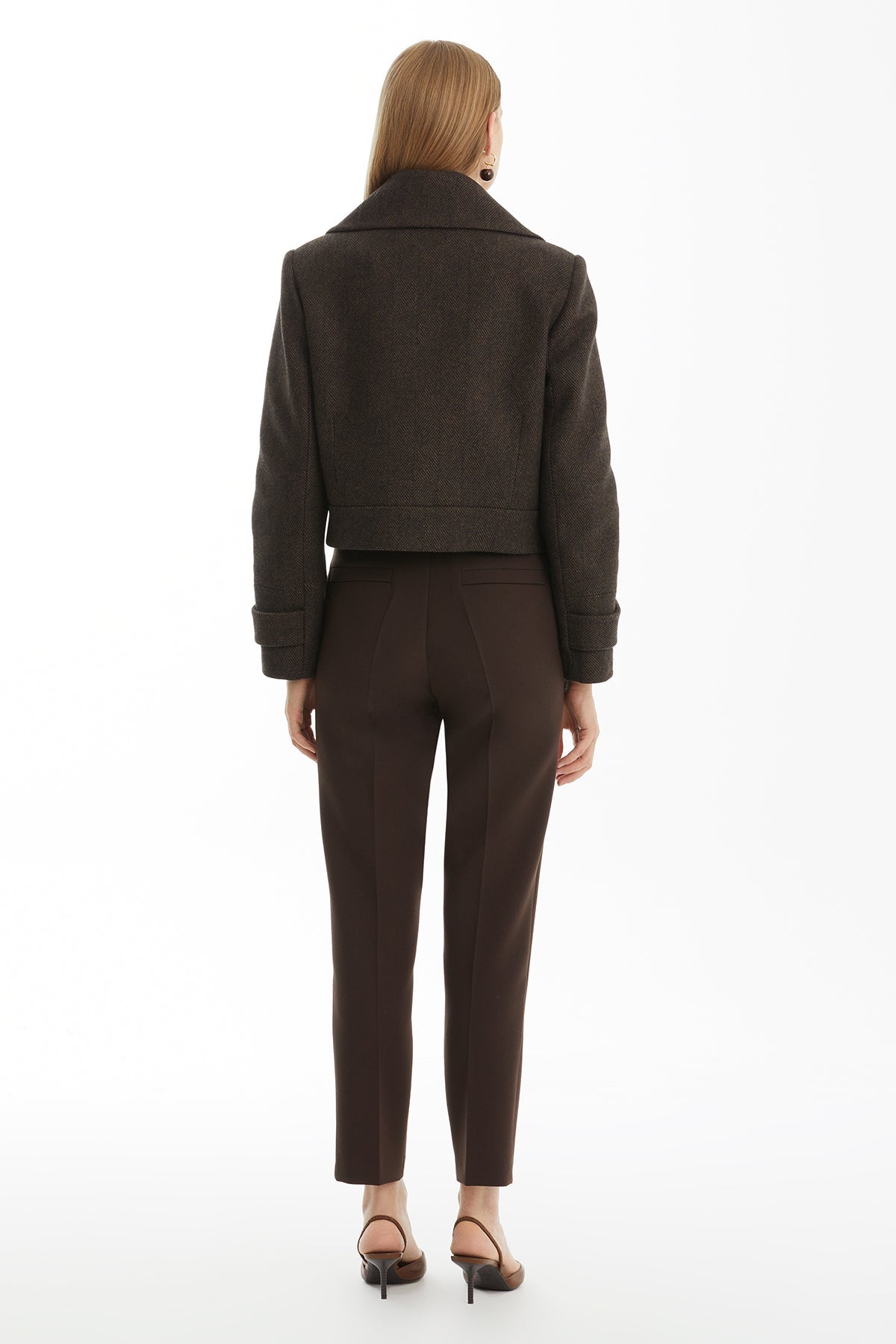Brown Short Wool Blend Coat with Metal Logo Detail