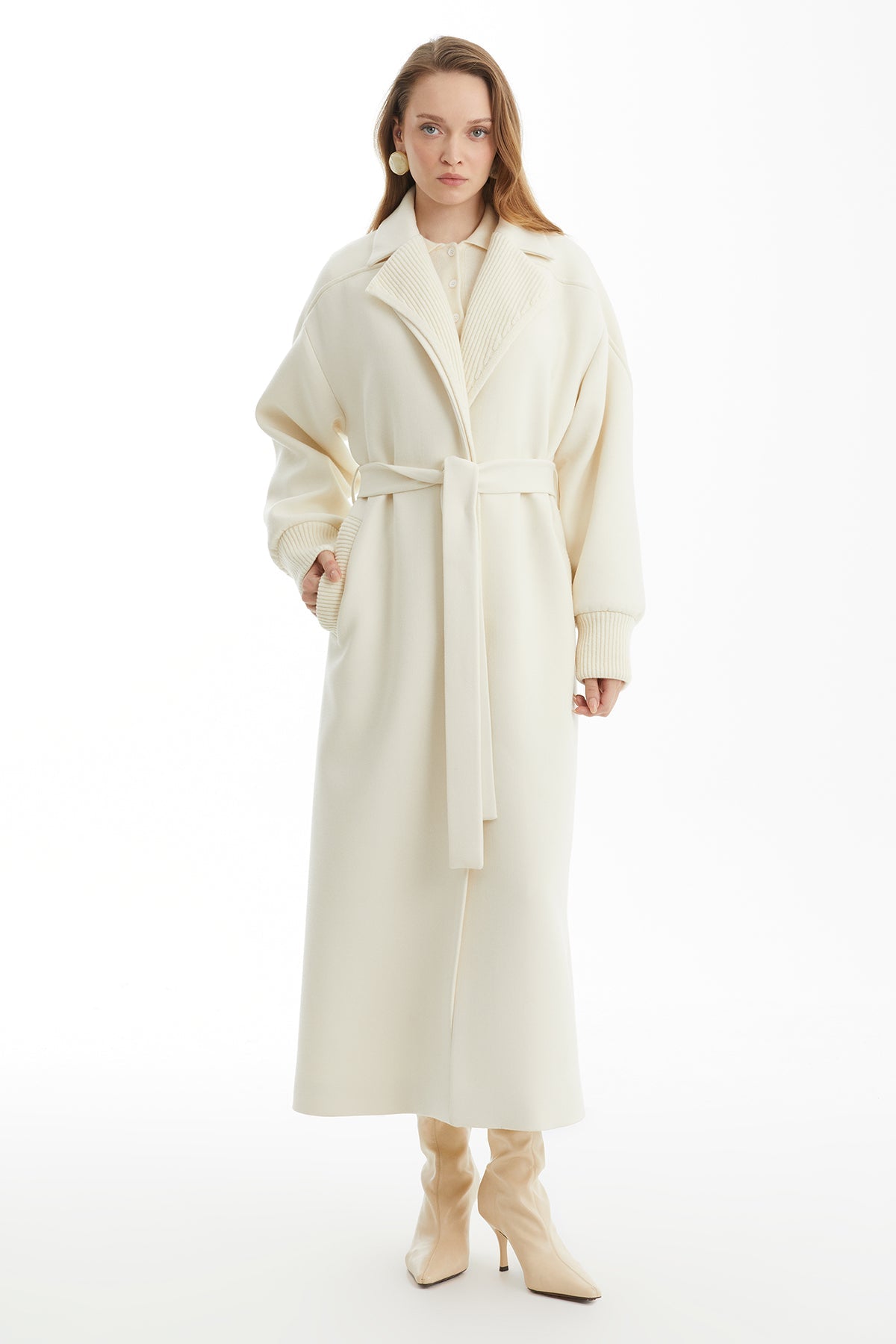 Ecru 100% Cashmere Coat with Detachable Belt
