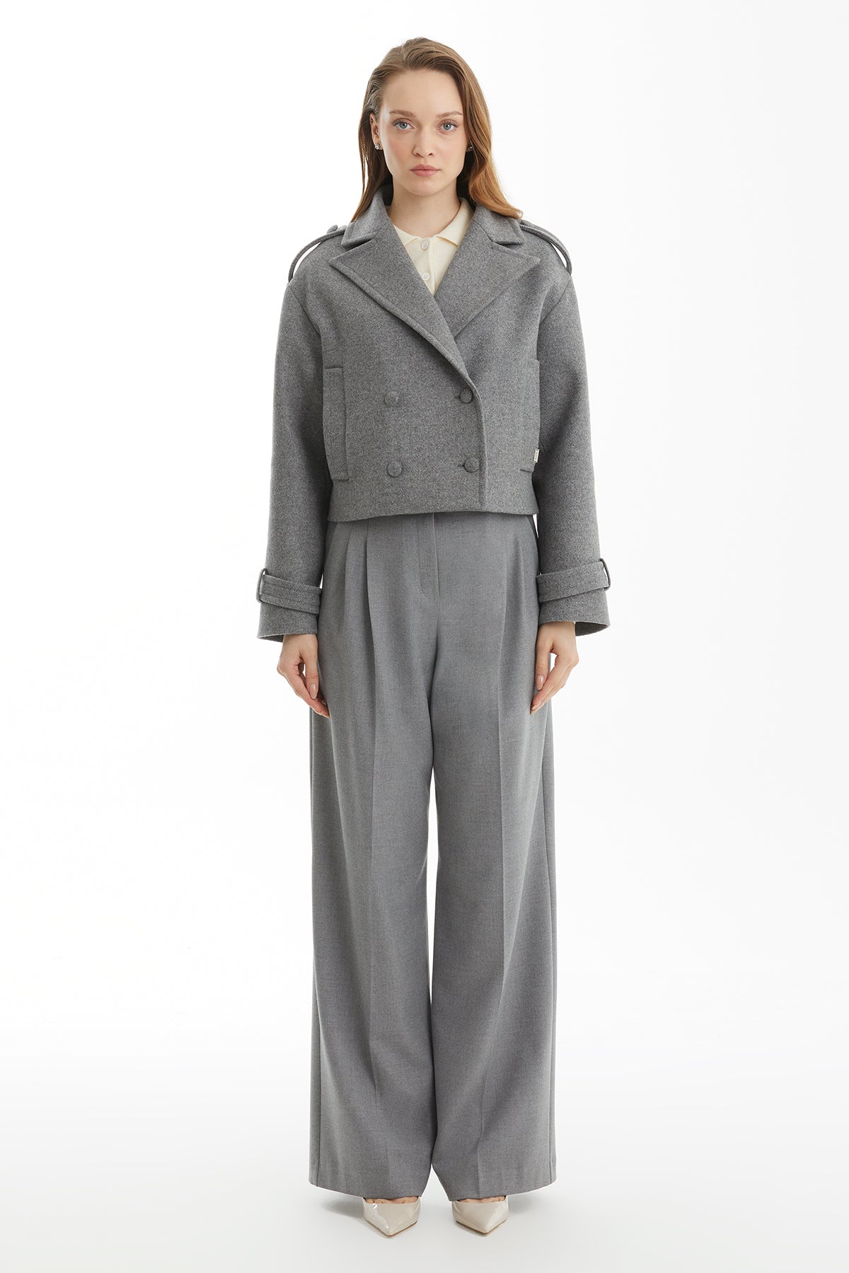Grey Short Wool Blend Coat with Metal Logo Detail