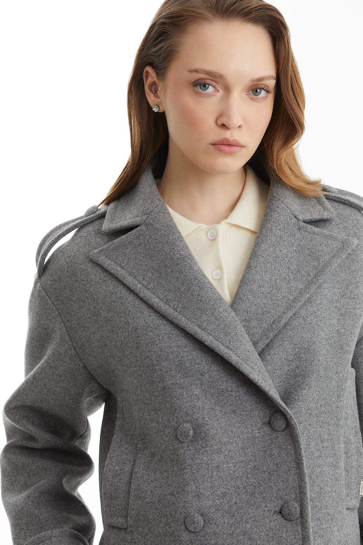 Grey Short Wool Blend Coat with Metal Logo Detail