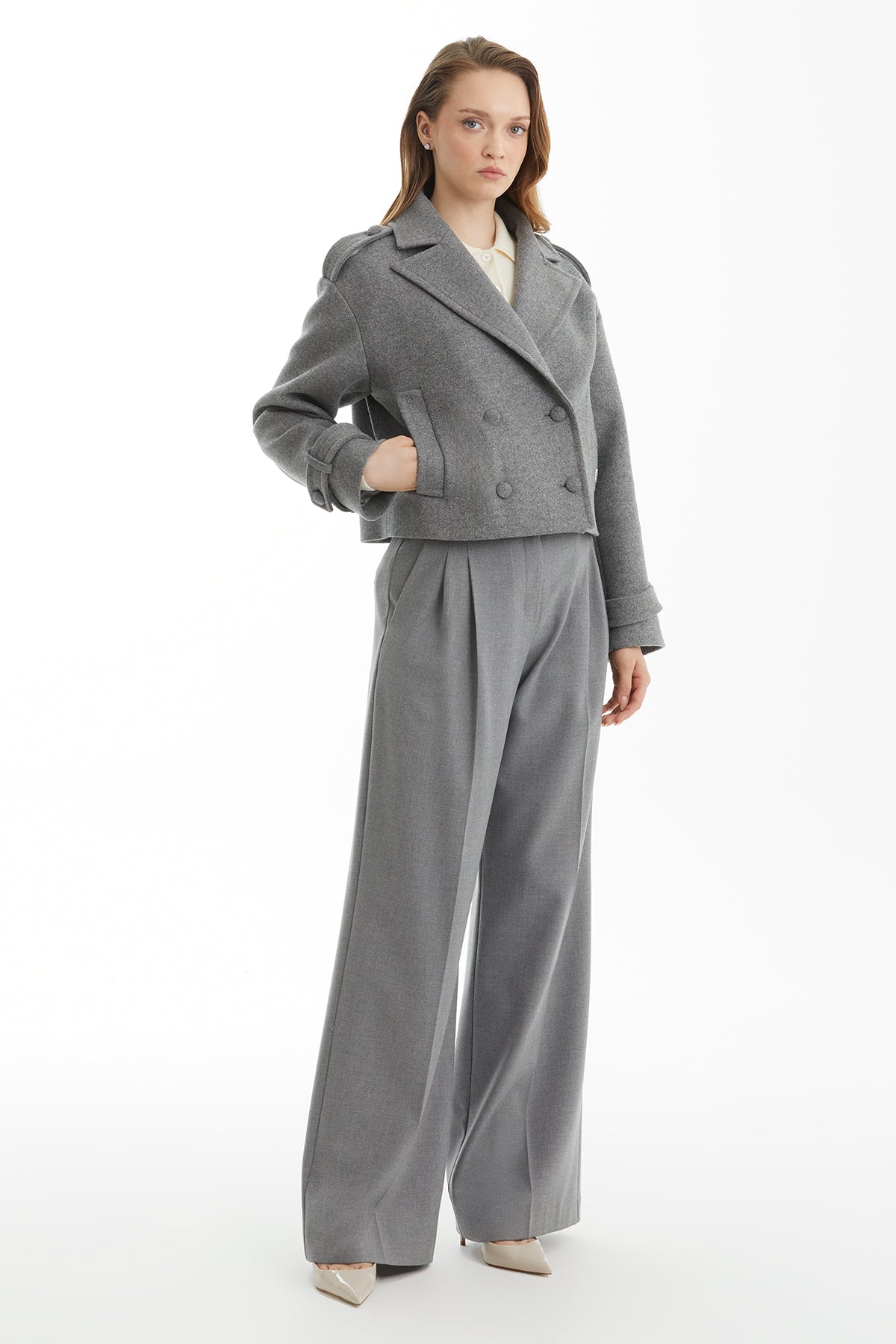 Grey Short Wool Blend Coat with Metal Logo Detail