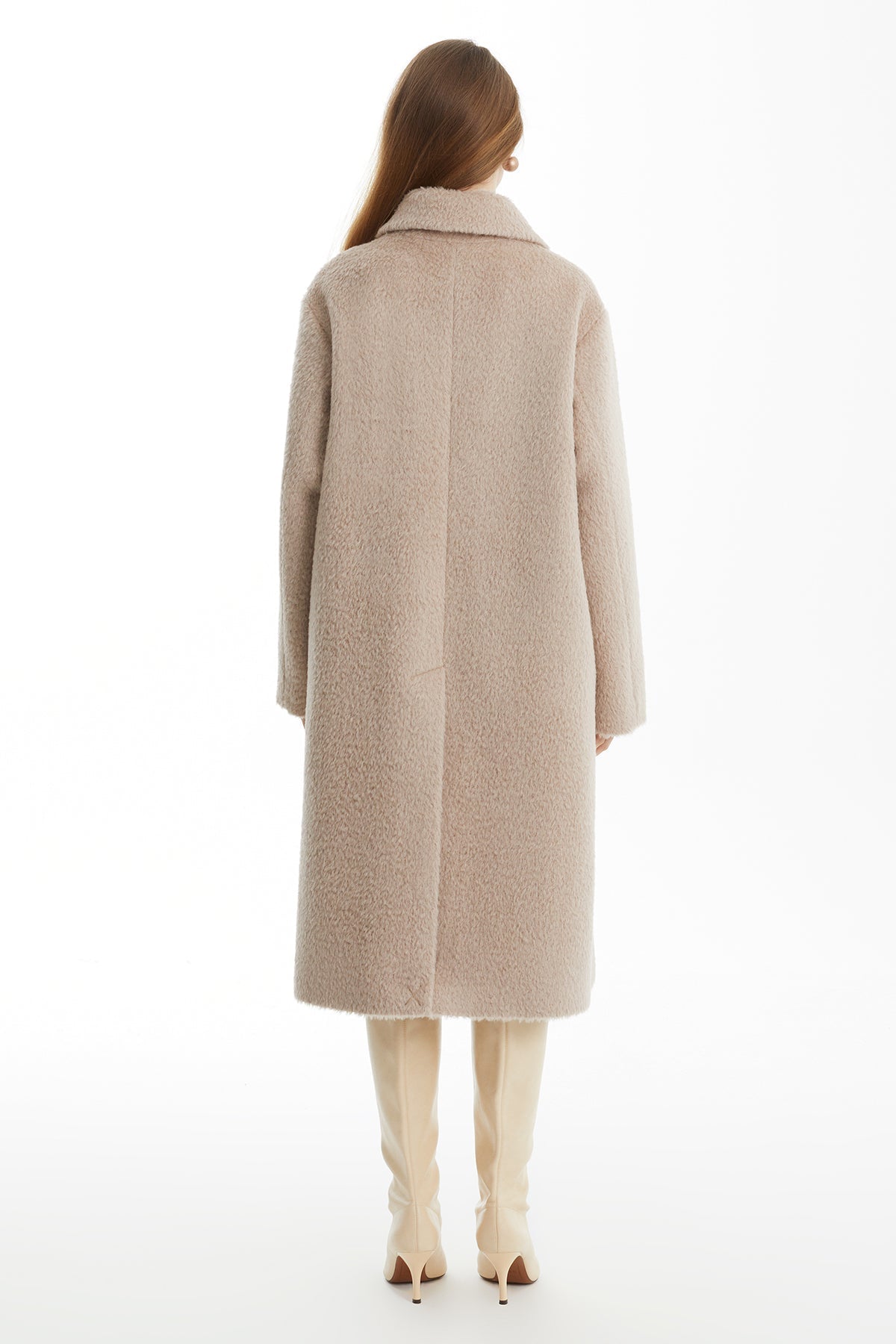 Beige 100% Cashmere Midi Coat with Slit Detail